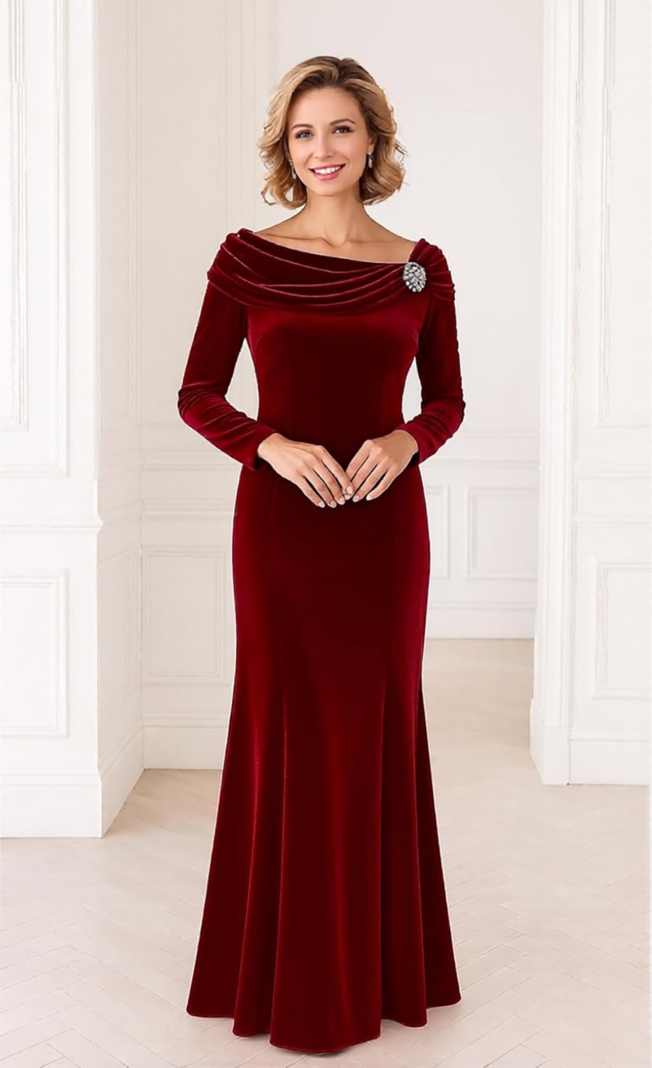 Long Velvet Mother of The Bride Dress for Women with Sleeves Mermaid Formal Dresses