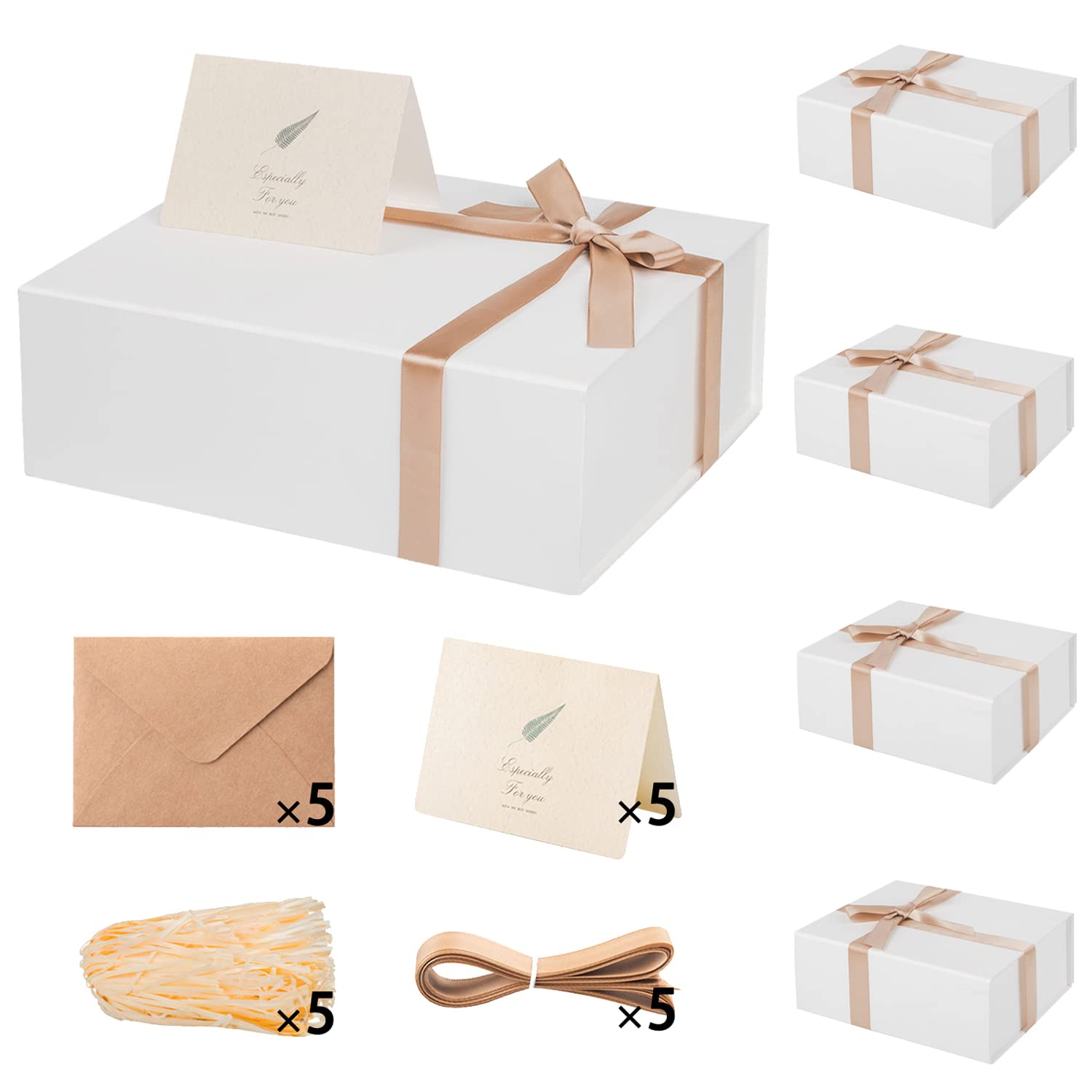 LIFELUM White Gift Boxes with Lids Bulk for Presents 5 Pack Gift Boxes 13.85 x 8.35 x 4.45 inch Large Gift Box Contains Card,Sticker,Ribbon, Shredded Paper Filler for Anniversary, Weeding Gifts