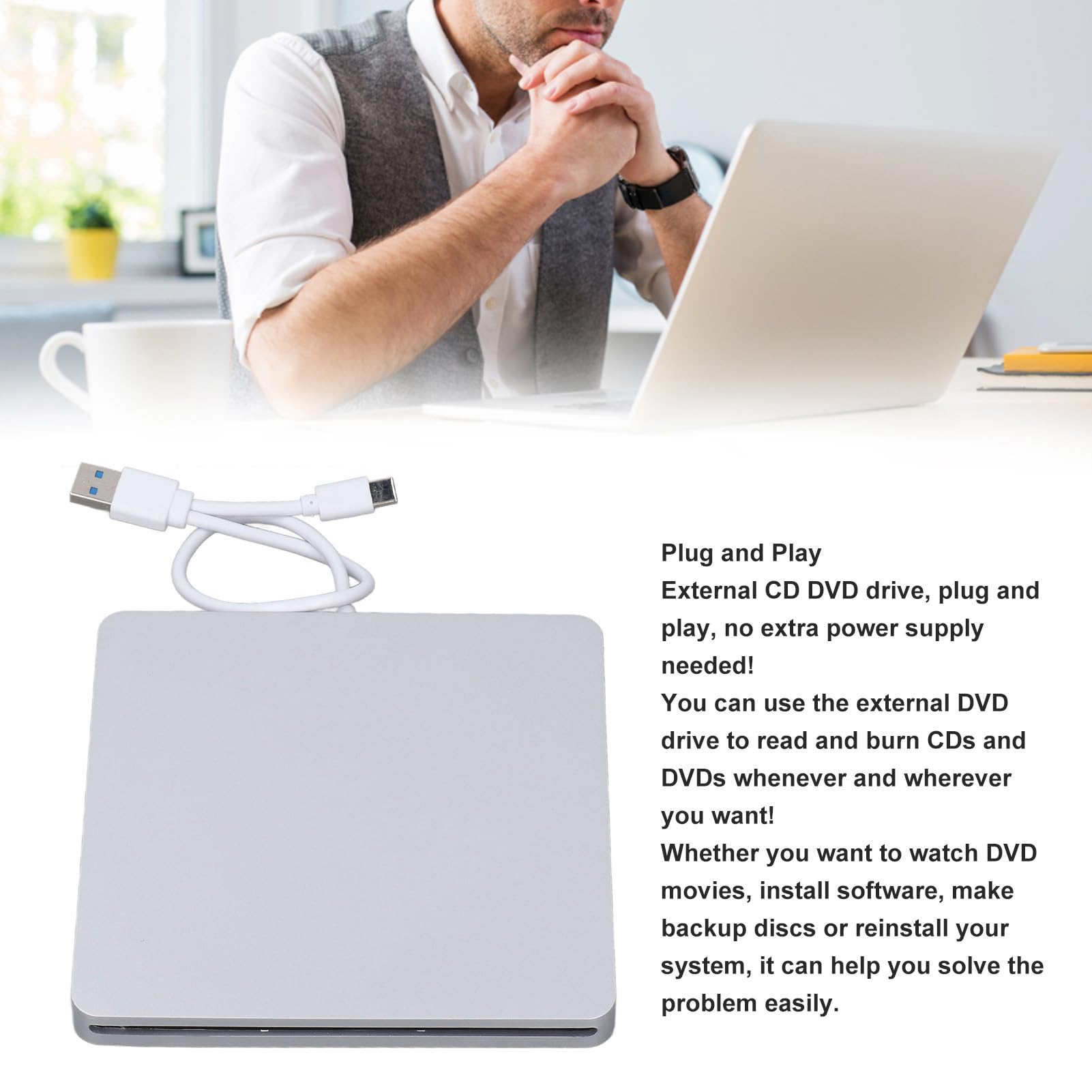 External DVD Drive, CD Slim with USB 3.0 Type C, Portable CD DVD Optical Drive Rewriter Player for Laptop Desktop PC