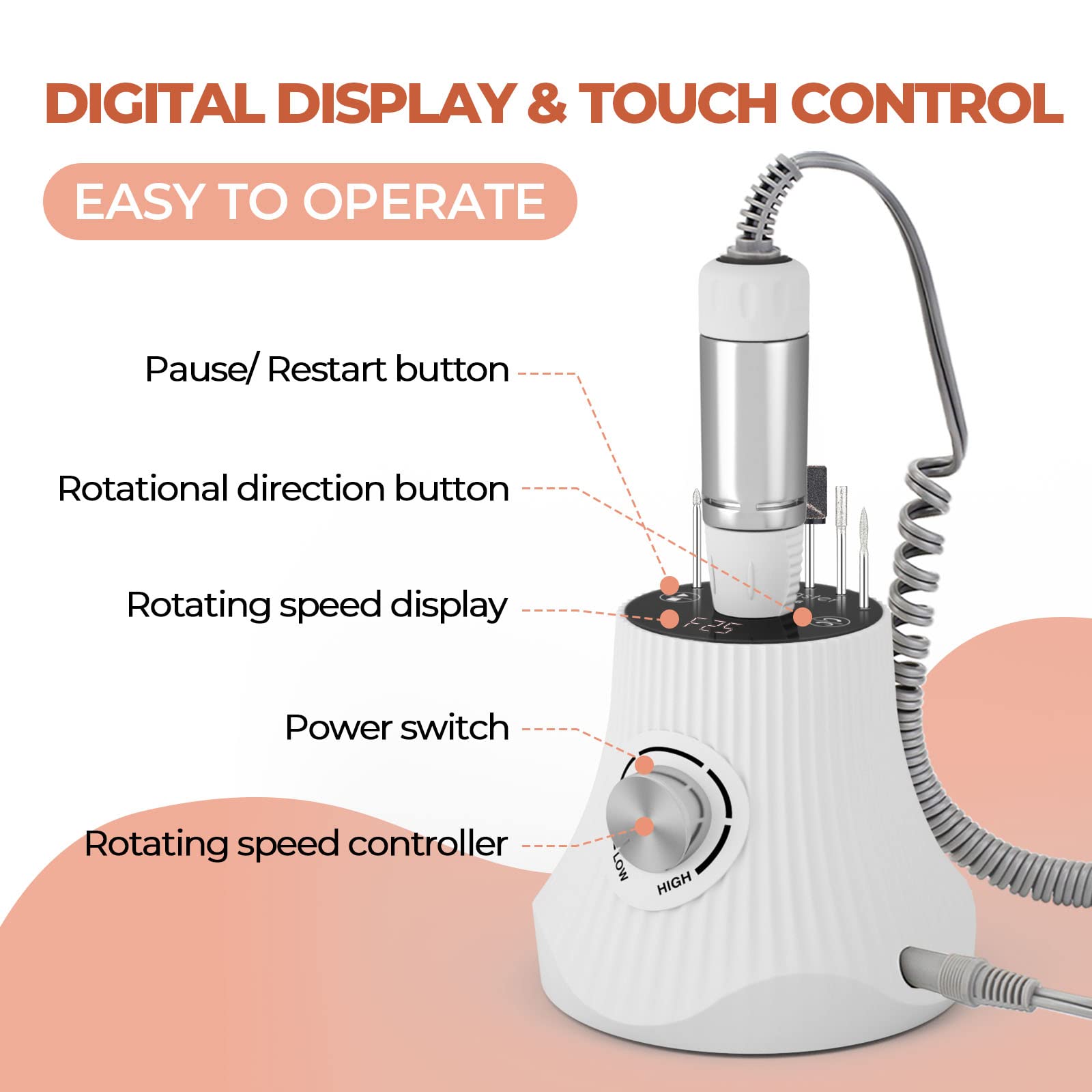 Fresa per Unghie, JCMASTER® Lima per Unghie Professionale Elettrica Fresa, 35000RPM, LED Display Touch Control, Velocità Regolabile Elettrico Trapano per Manicure e Pedicure, 4 Punte