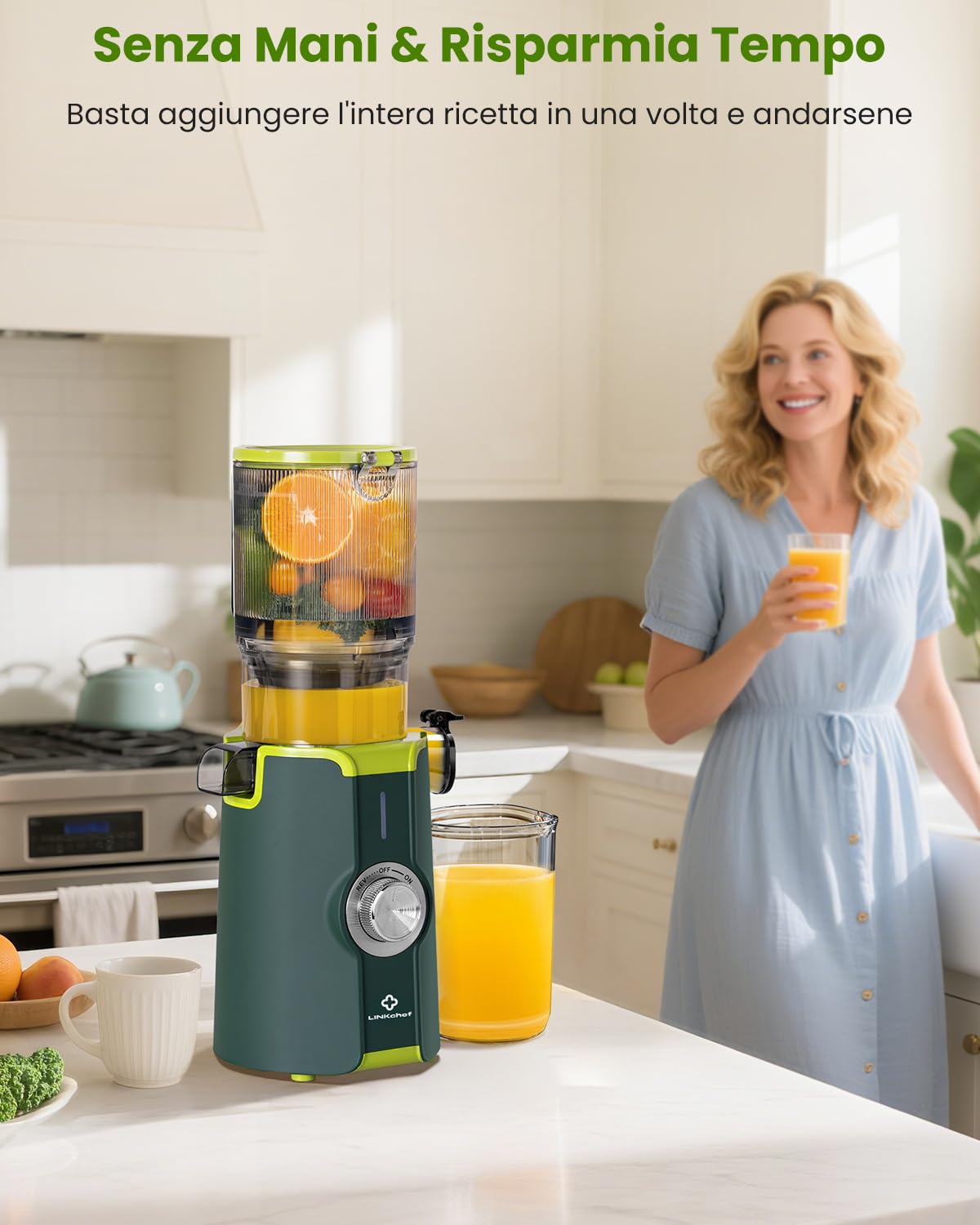 LINKChef Estrattore di Succo a Freddo | 200W Estrattore Frutta e Verdura Intera | Bocca Larga da 115mm | Con Ricettario Incluso | Senza BPA | Facile da Pulire con Funzione Inversa | Verde
