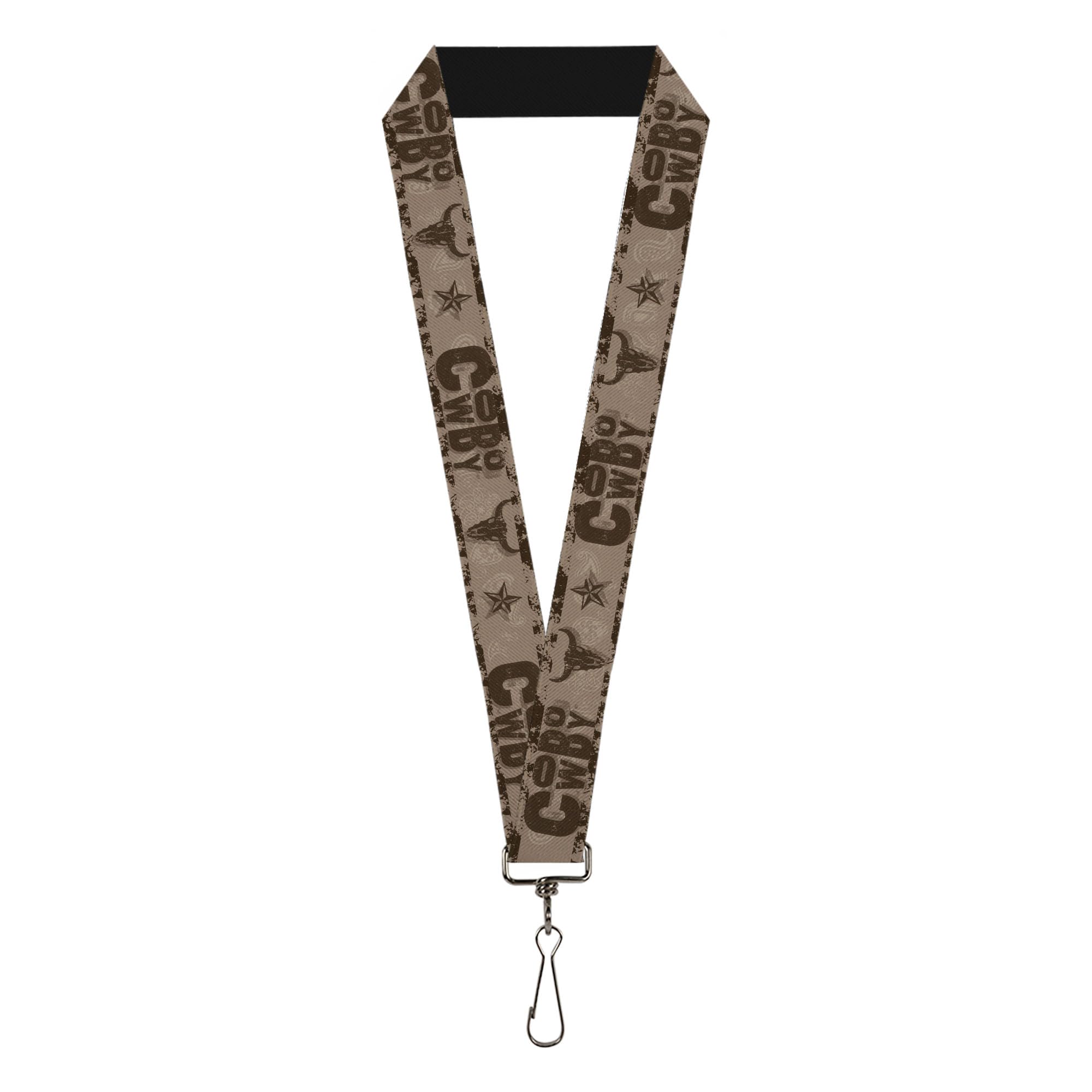 Buckle-Down Lanyard, Western Cowboy Icons Collage Tan Browns, Elastic
