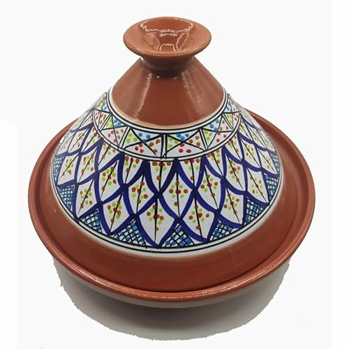 Tajine Pentola in Terracotta Decorata, Piatto Etnico Marocchino Tunisino, Diametro 32 cm