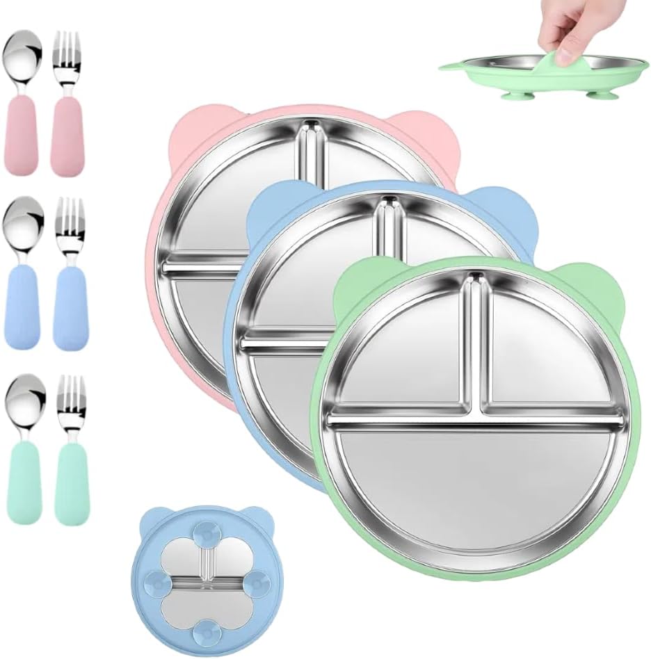 6 Pcs Stainless Steel Toddler Plates with Spoons & Forks, Silicone Suction Baby Plates, Stainless Steel Kids Plates, Baby Feeding Set