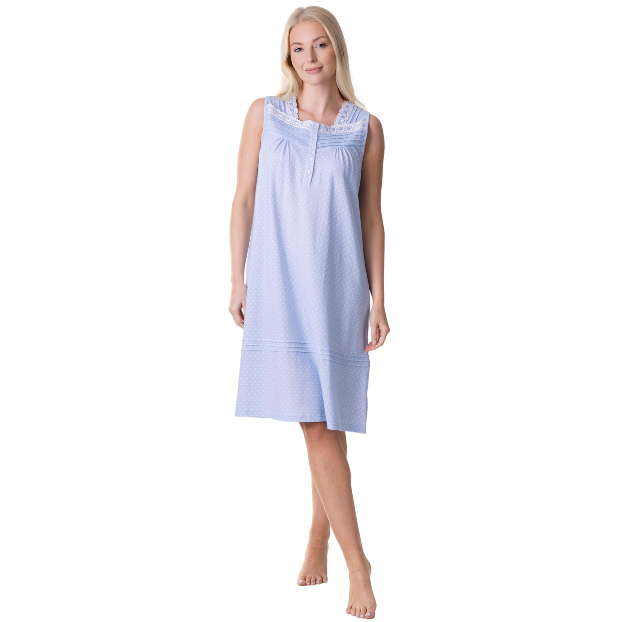 Camille Women's Blue 100% Cotton Sleeveless Nightie | Below Knee Length Nightdress | Comfortable & Breathable Traditional Nighty With Button Fastening | Classic Nightwear | 14-16