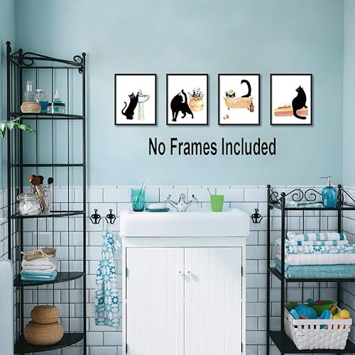 Miniatura 3 de LHIUEM Decoración de baño de gato negro, divertido juego de 4 arte de pared de baño (8 x 10 pulgadas, sin marco) imágenes modernas de gatitos,