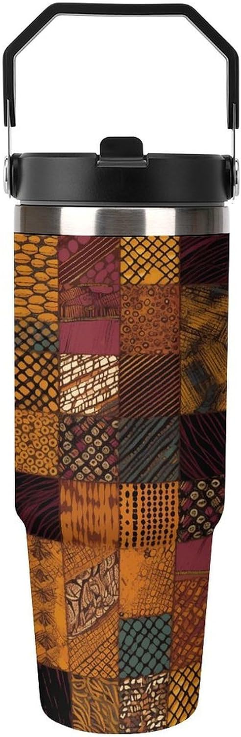 African Style Patchwork Water Bottle 30 Oz Fits Car Cup Holder,Insulated Coffee Mug Large Capacity Car Cups,Stainless Steel Double Wall Sport Bottle for Travel Sports Gym