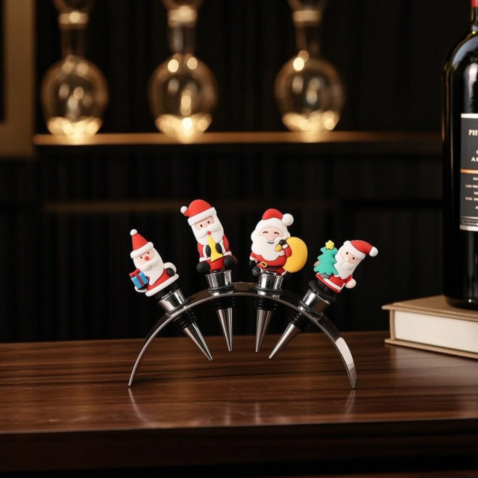 predolo Tapón Botella con Soporte Metálico Tapón Botella Vino Sellador Vajilla para Sommeliers, Bar, 17.5 5 13cm, Papá Noel