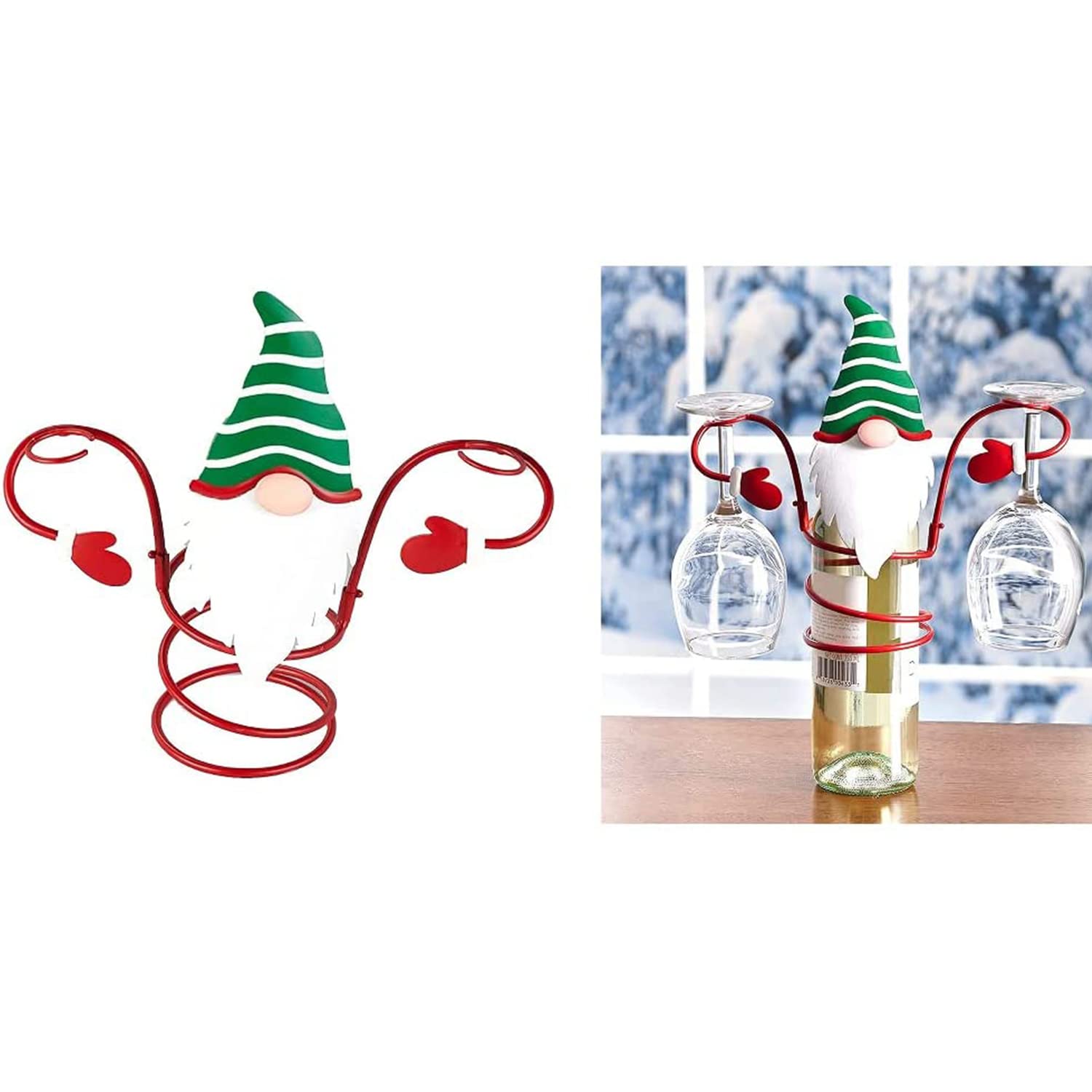 Holiday Wine Bottle & Glass Holders Countertop, Christmas Wines Christmas Theme Organizer Rack Handmade Stand for Wine for Two Glasses Bottle Desktop Wine Decor for Kitchen Dining Room Bar (Dwarf)