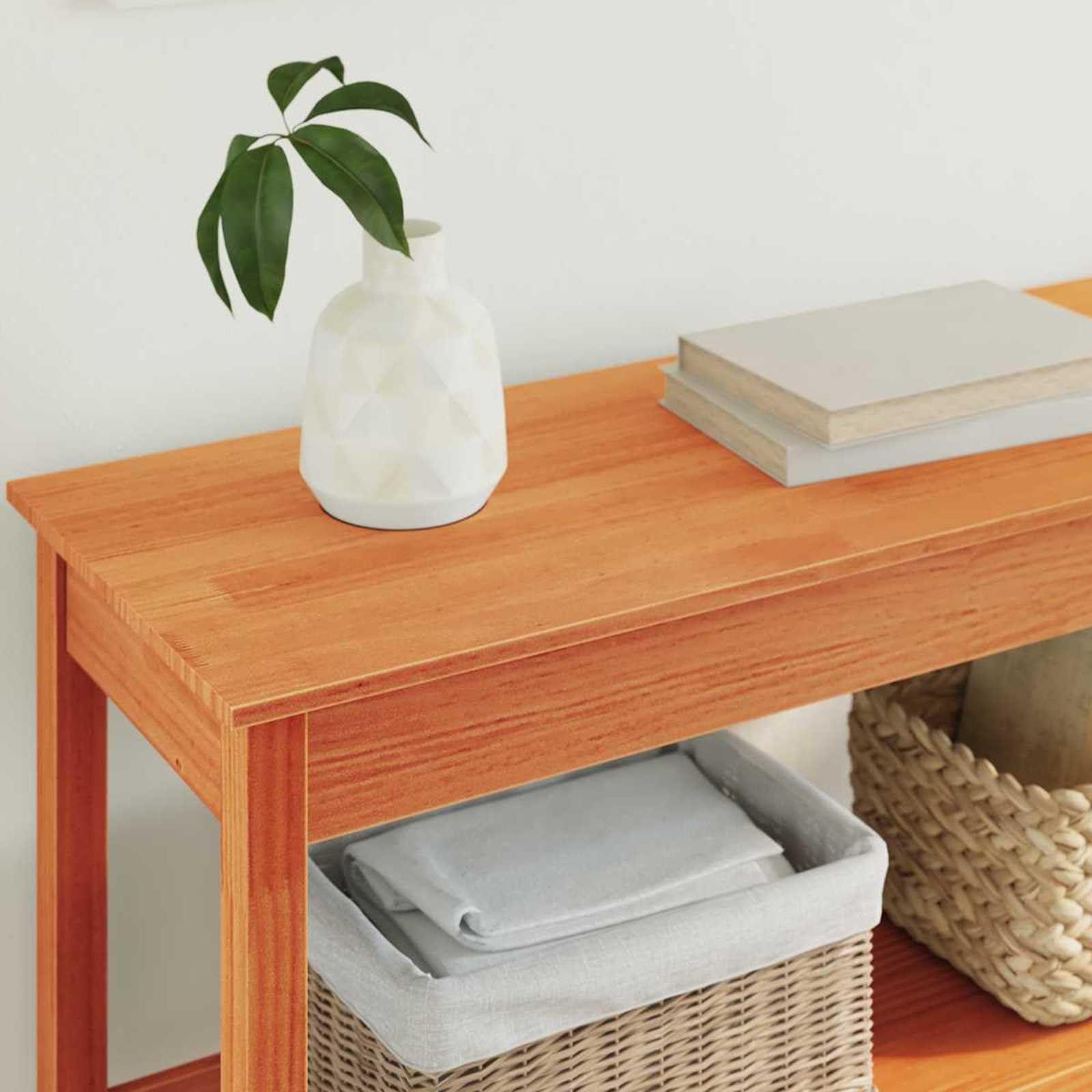 Stolik konsolowy woskowany brąz z litego drewna sosnowego, 110 x 40 x 75 cm, z regałem do salonu, korytarza, przedpokoju, wszechstronnego stołu ściennego i stolika do przechowywania