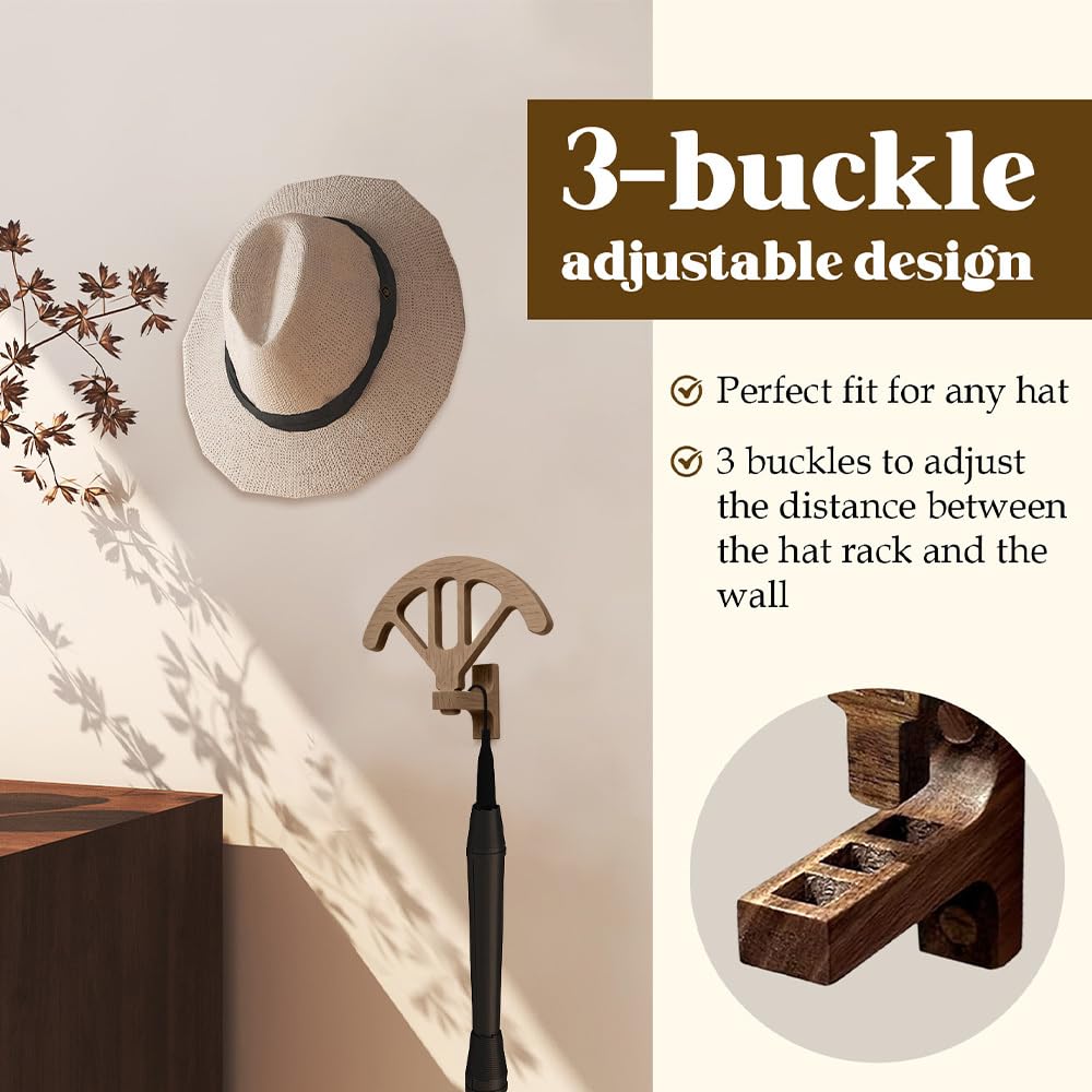 MiOYOOW Ganci per Cappelli in Legno, Supporto per Cappello da Parete con 3 Fibbie Regolabili, Rustico Organizzatore Berretti da Baseball con Visiera, per Piccoli Accessori, Borse, Cuffie