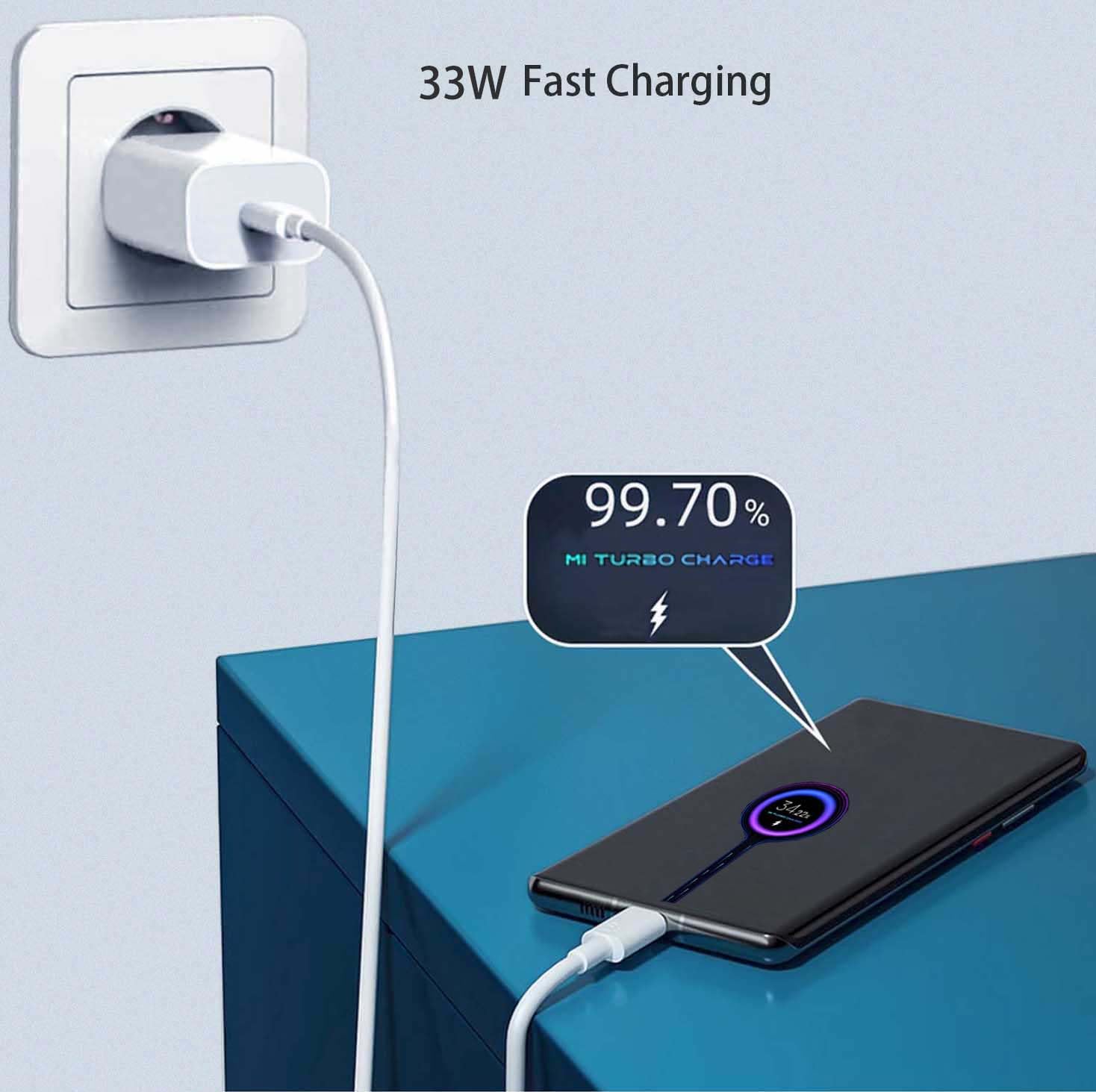 Ładowarka USB 33 W, zasilacz turbo i kabel do ładowania, kompatybilna z Xiaomi Redmi Note 10/11/11S/9/10/10S/9T/8, Xiaomi Mi 11/10/10T 11T Lite, Poco X7/X5 Pro/X3 Pro/X6/M5/C65