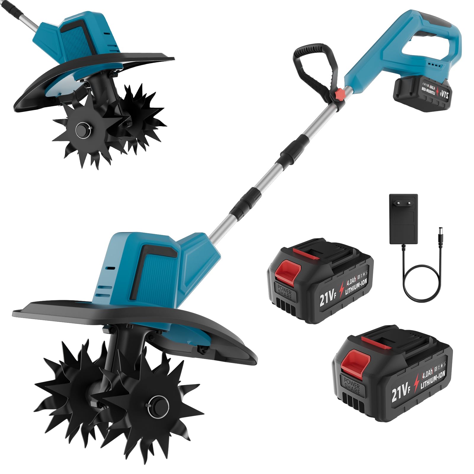 Motoazada Bateria, 21V Motoazada Eléctrica con 2 x 4,0Ah Baterías, Motor sin Escobillas de 550 W, 20 cm Ancho de Trabajo, 15 cm Profundidad de Trabajo, Cuchillas Escarificadoras, Interruptor Seguridad