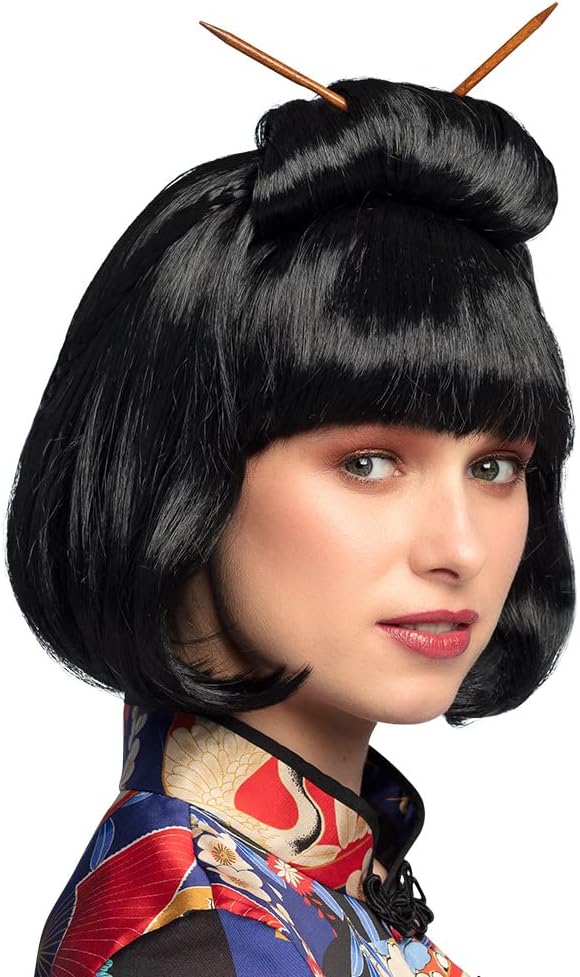 Boland 86417 Chinese Wig for Adults, Black Synthetic Hair with Sticks, Hairstyle for Fancy Dress Costumes, Carnival and Theme Party