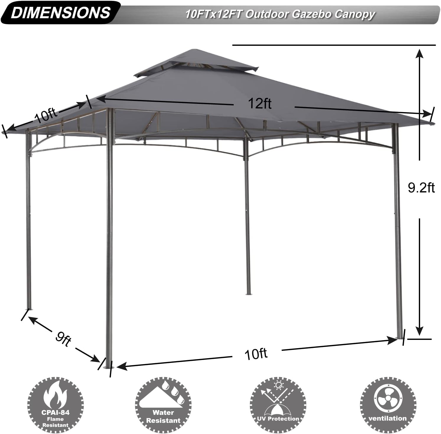ABCCANOPY Gazebos for Patios 10x12 - Outdoor Steel Frame Gazebo for Lawn Backyard Garden Deck (Dark Gray)