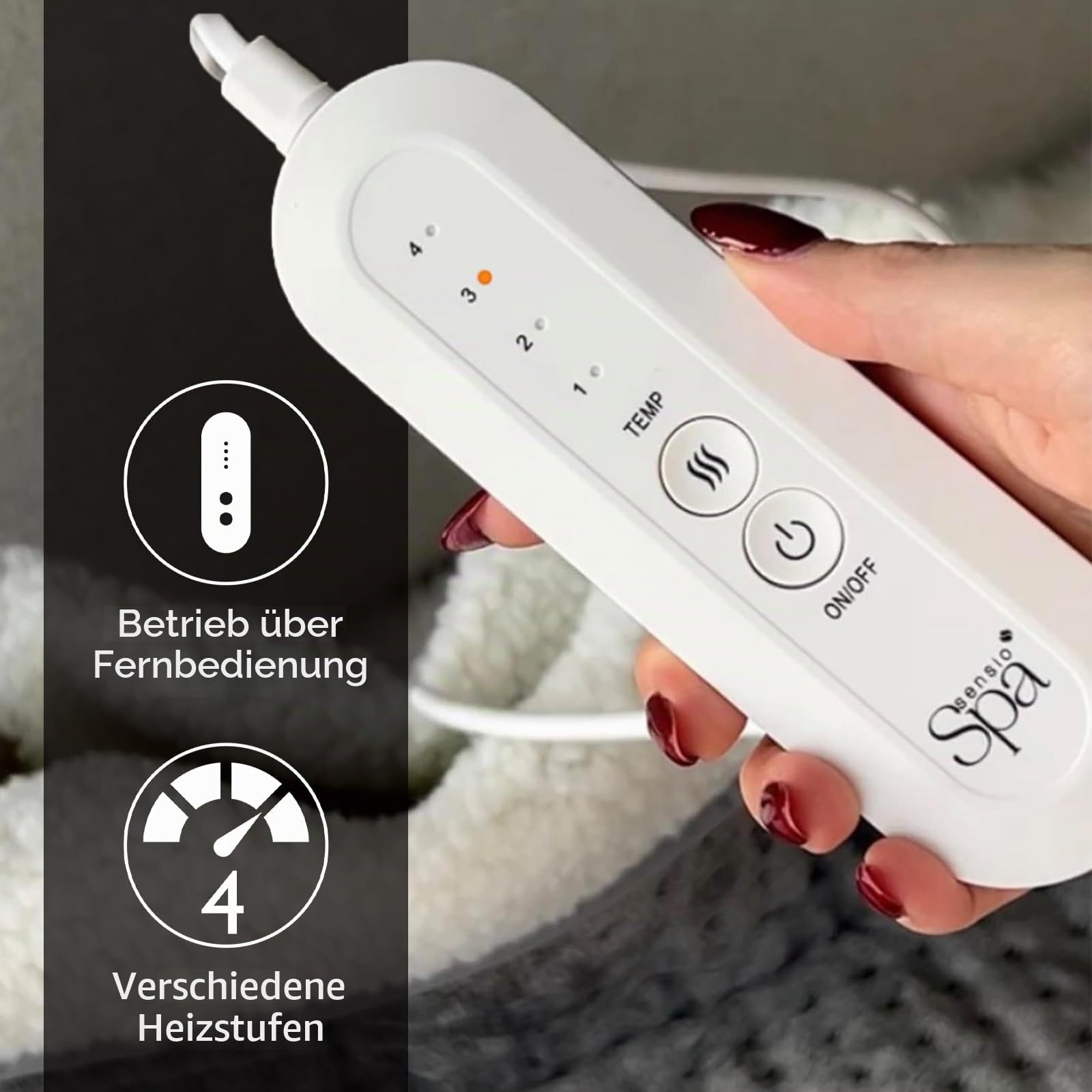 Sensio Spa Fußwärmer, warm und gemütlich, grau, elektrische Fußheizung für kalte Füße, 4 Temperatureinstellungen, weiches Plüsch-Fleece, schnelles Aufheizen, waschbar, Schutz vor