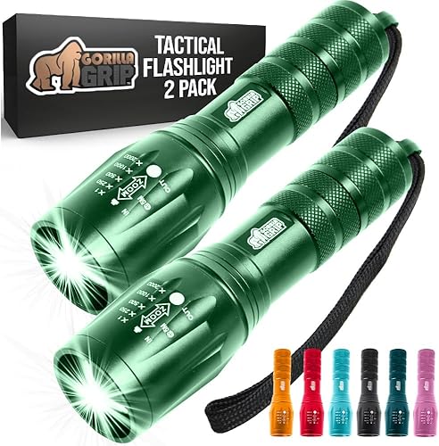Miniatura 1 de Gorilla Grip Paquete de 2 linternas tácticas LED de mano, altos lúmenes, ultra brillantes, 5 modos, resistente al agua de larga duración, linternas
