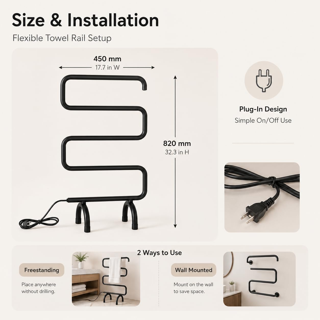 Toallero con calefacción, toallero eléctrico Independiente para baño, Acero Inoxidable, Temperatura Constante de 55 ℃ Black