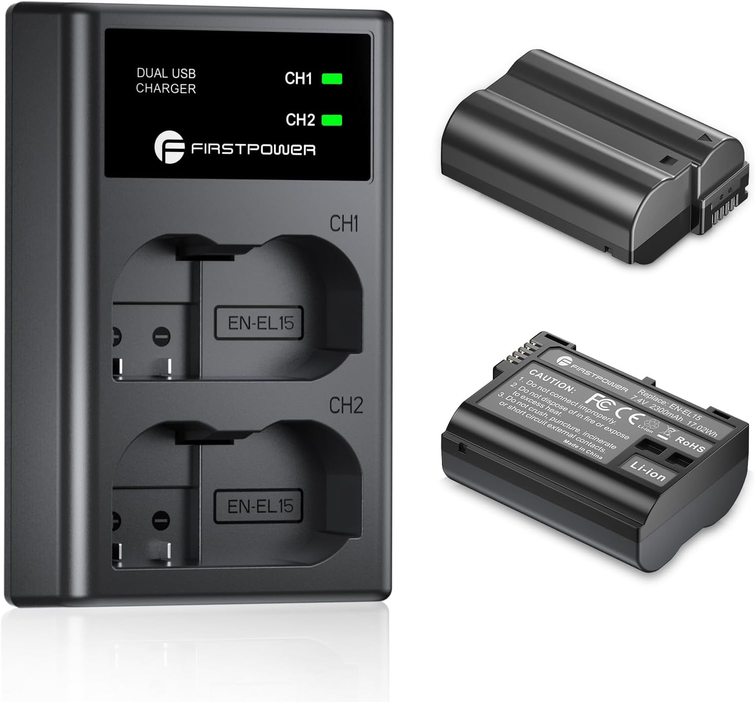 FirstPower EN-EL15 /EL15a/EL15b/EL15c Batteries 2-Pack and USB Dual Charger Compatible with Nikon Z6 Z7 D750 D850 D7000 D7100 D7200 D7500 D500 D600 D610 D780 D800 D800e D810 D810a Cameras
