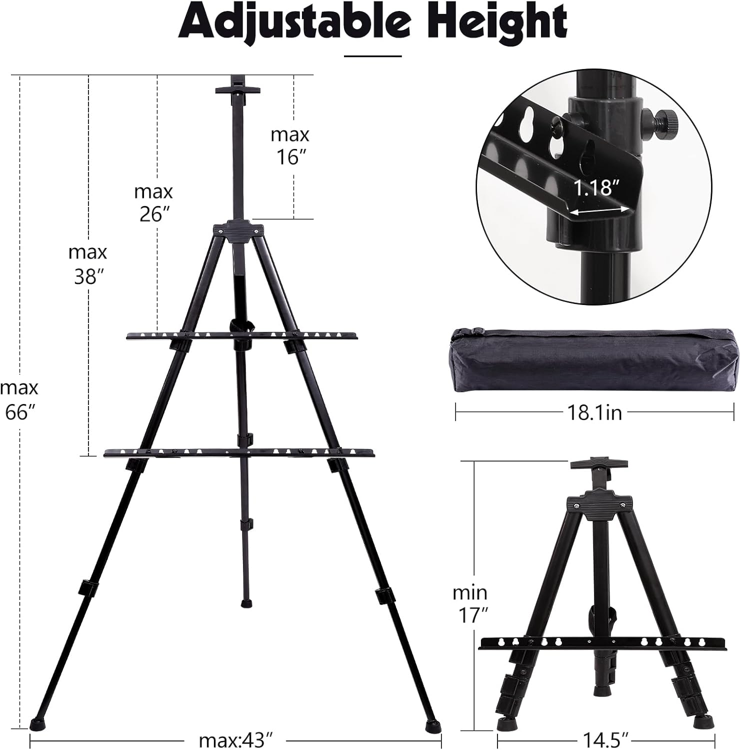 2 Pack Adjustable Art Easel Stand for Painting & Display, 17-66in Aluminum Metal Tripod with Carry Bag, Portable Travel Easel for Adults Artists