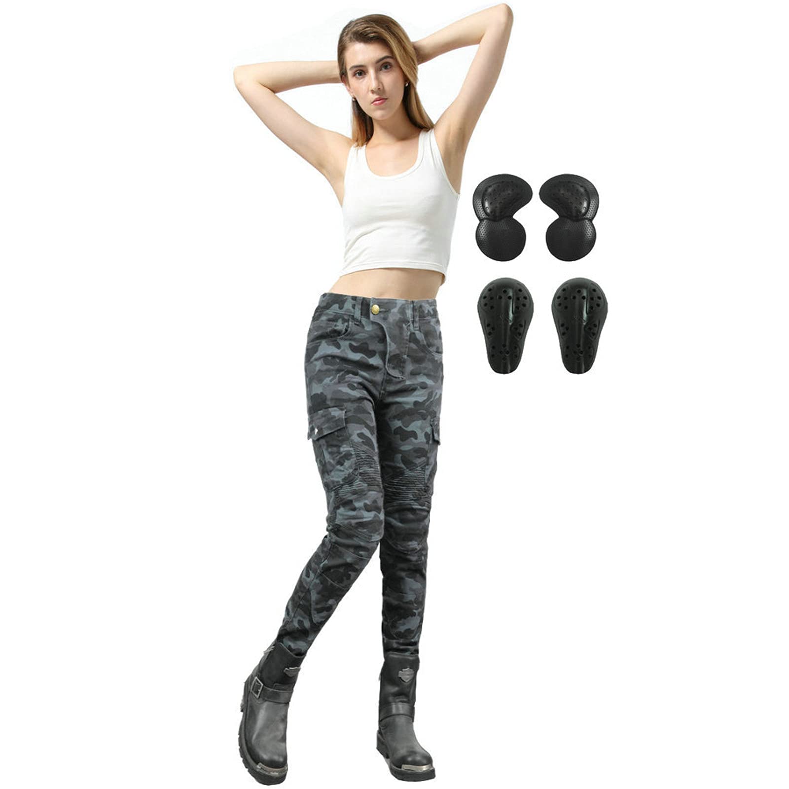 Donna Pantaloni da Moto,Motorcycle Jeans Biker Motociclista Stretch Mimetico Ciclismo Pantalone Multitasche con 2 Protezioni Ginocchia E 2 Protettori Anca