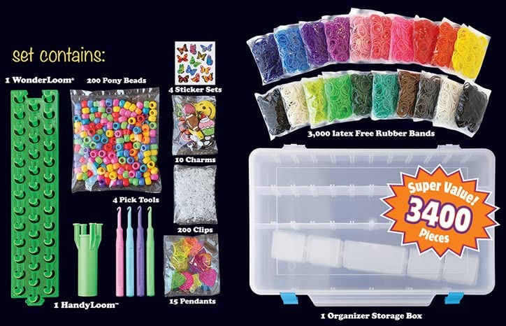 Wonder Loom Organizer – Métier à Tisser Coloré, 3000 élastiques, 200 Perles, 200 Clips, Boîte De Rangement