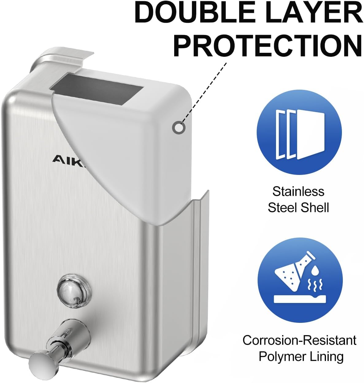 AIKE Nail-Free Glue Wall Mount Stainless Steel Soap Dispenser, 37oz for Commercial Brushed Stianless Steel Finish,Model AK1003