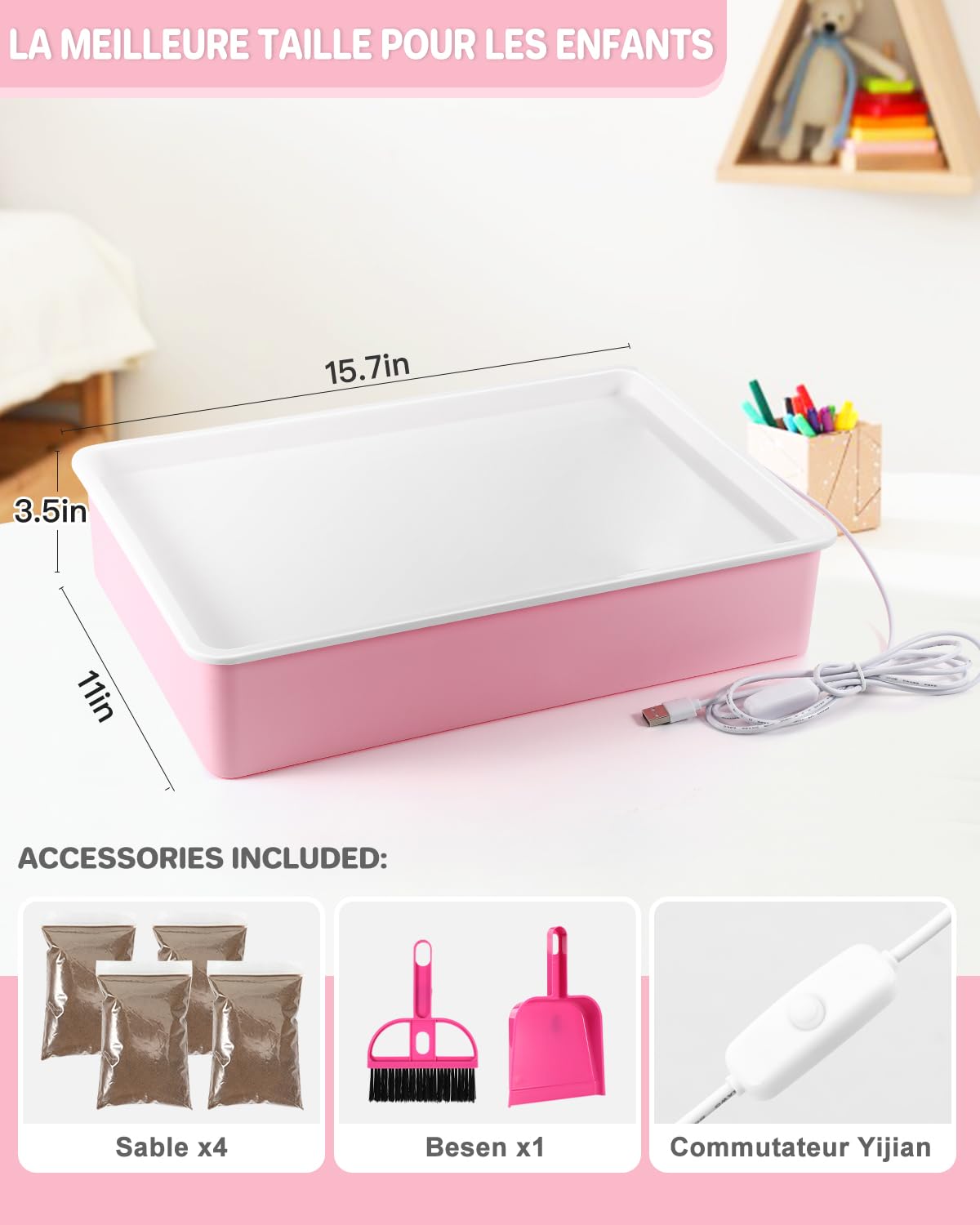 AtMini - Scatola luminosa per pittura a sabbia, con 4 confezioni di sabbia naturale, set con vassoio per la sabbia, per bambini a partire dai 3 anni in su (rosa)