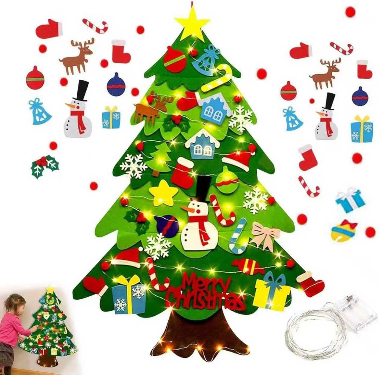 Felt Christmas Tree for Toddlers, Christmas Tree Felt with Lights, FeltChristmas Tree Ornaments, Ideal DIY FeltChristmas Tree Set (Green)