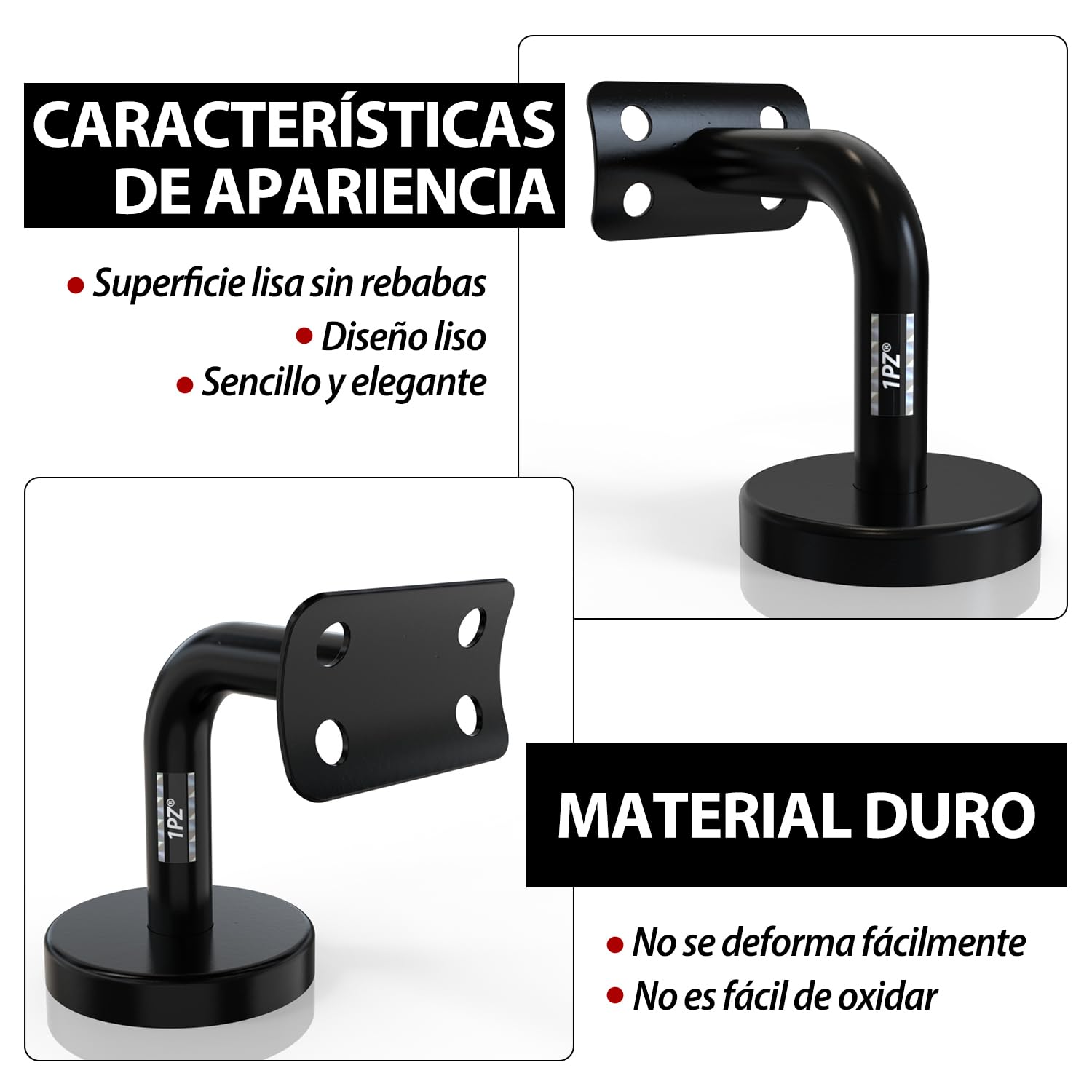 1PZ FR6-HB5 - Juego de 5 soportes para pasamanos de escalera de acero inoxidable (fijación de barandilla sólida), color negro