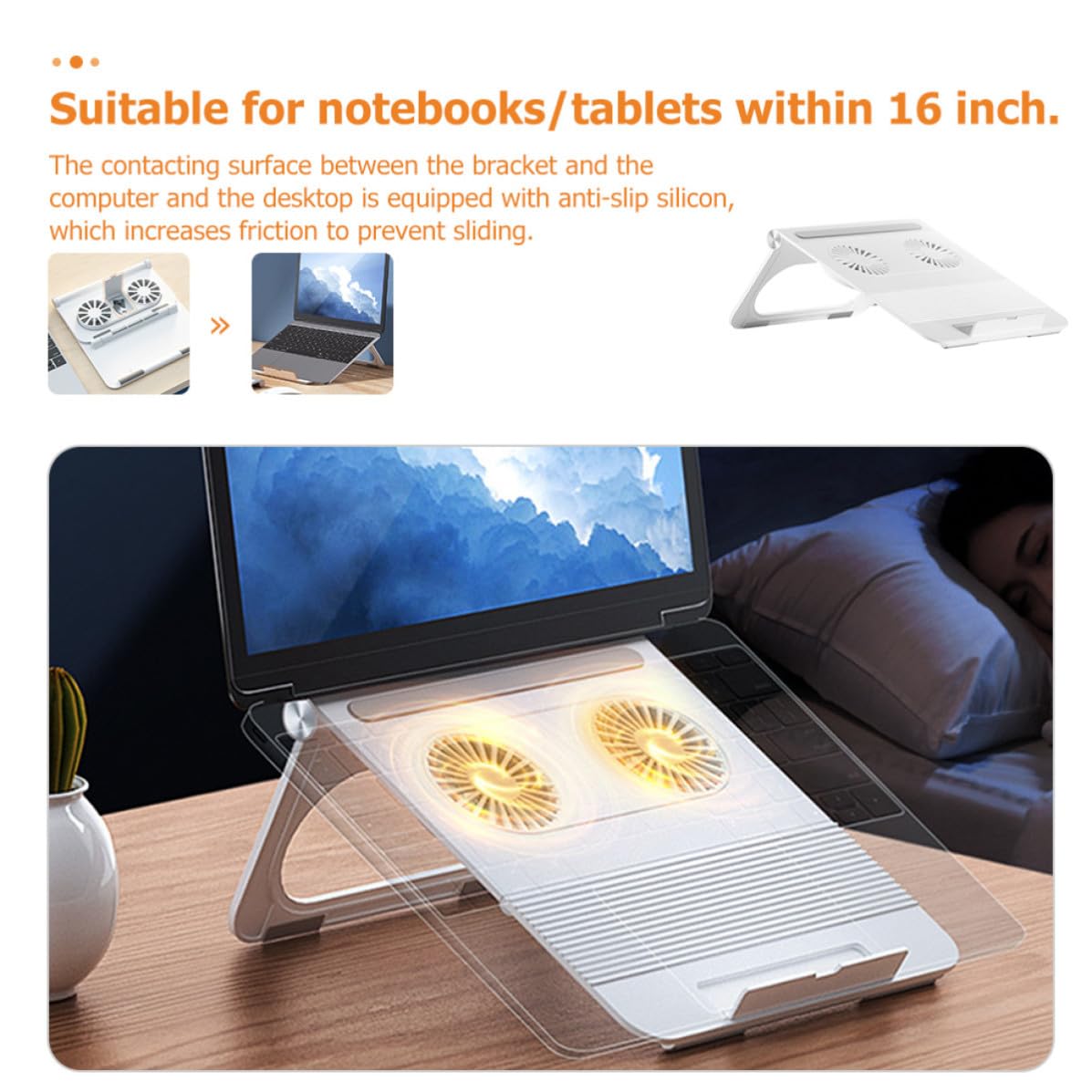INOOMP Soporte para Computadora Portátil Base Refrigeradora Plegable y Fácil de Usar Ventiladores Dobles 3800 RPM, Diseño Triangular de Abs y Silicona para Notebook