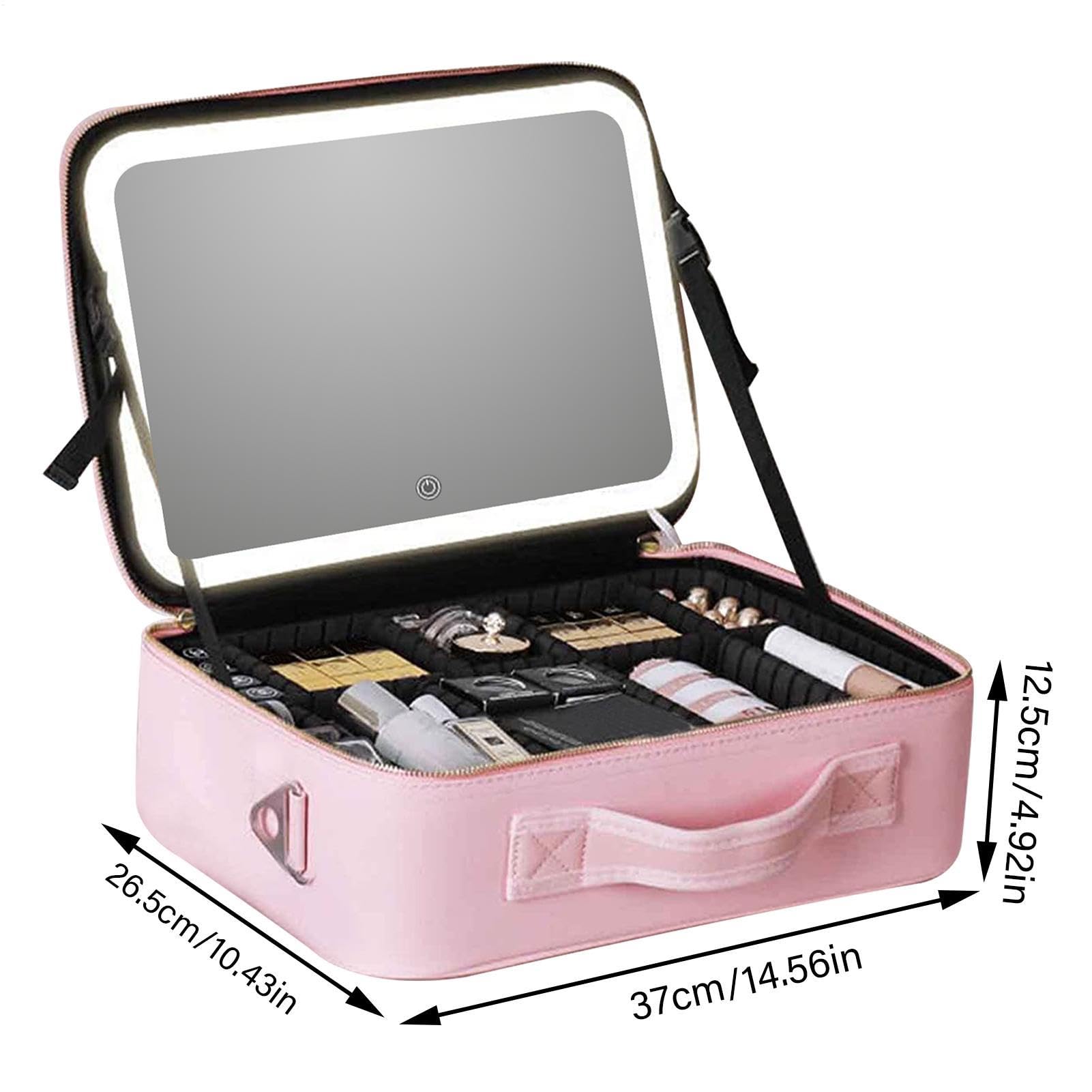 Neceser portátil – Estuche de Maquillaje de Viaje para Mujer, Estuche de | Maquillaje con Cremallera, portátil a Prueba de Polvo con Espejo y Luces, Varios Compartimentos, Rosa, Large, Consulte la