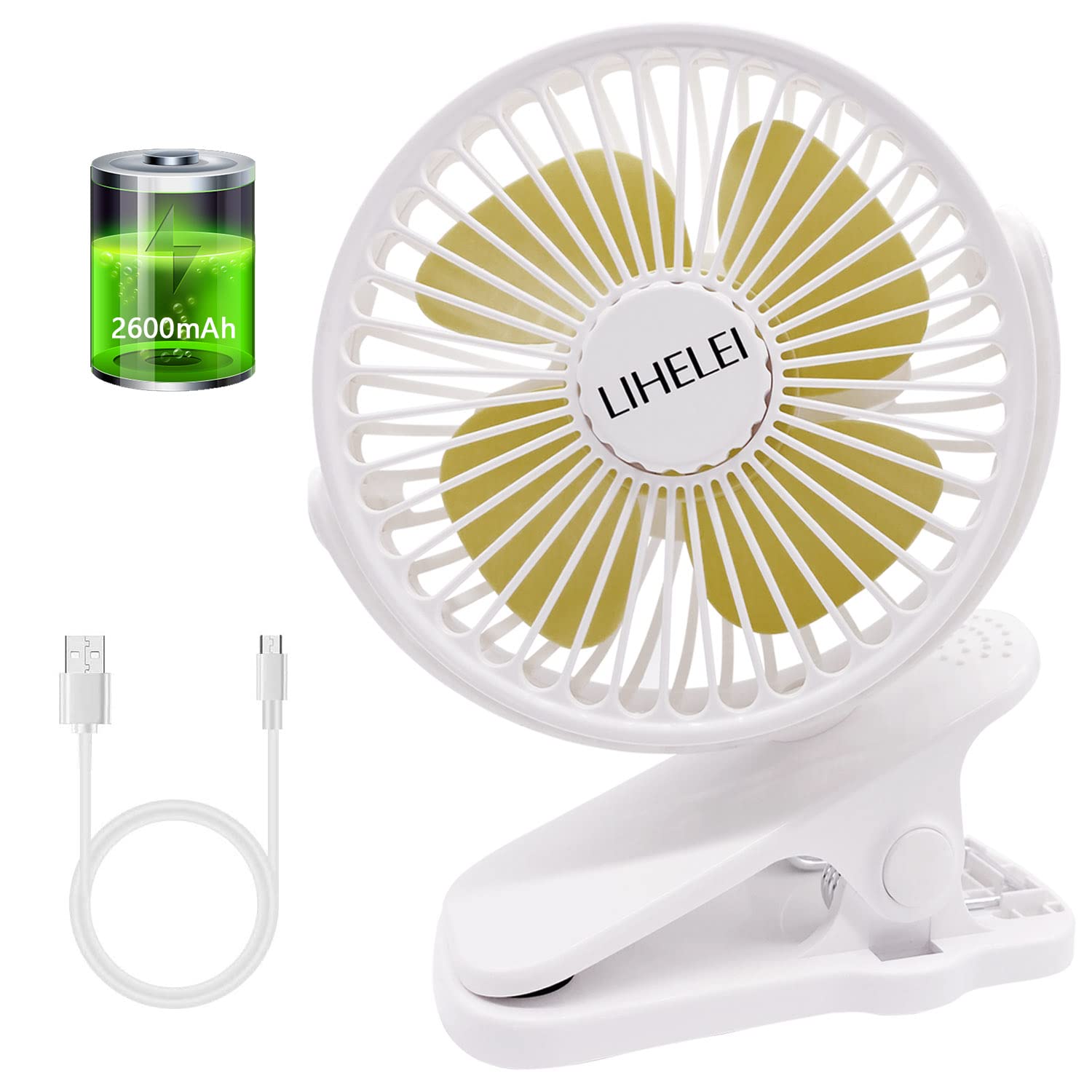 LIHELEI Portable Rechargeable USB Desk Fan - 2600mAh Powerful Airflow Low Noise - Personal Clip On Fan for Baby Stroller, Camping, Home, Office, Travel - White