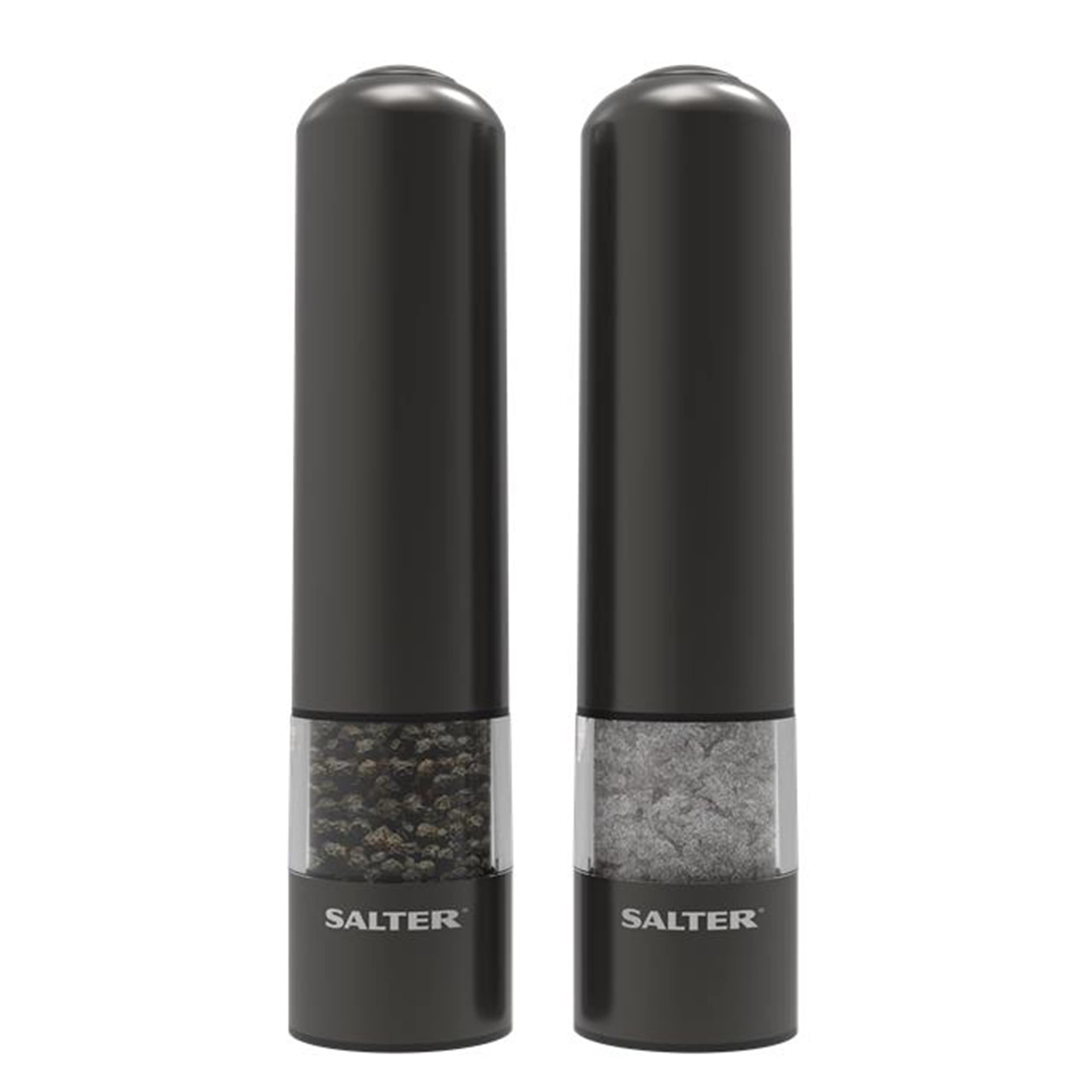 Salter 7538 GMXR Młynki do soli i pieprzu z kablem USB, łatwa obsługa jedną ręką, mechanizm ceramiczny, regulowany stopień mielenia od drobnego do grubego, metalowe wykończenie ze stali nierdzewnej