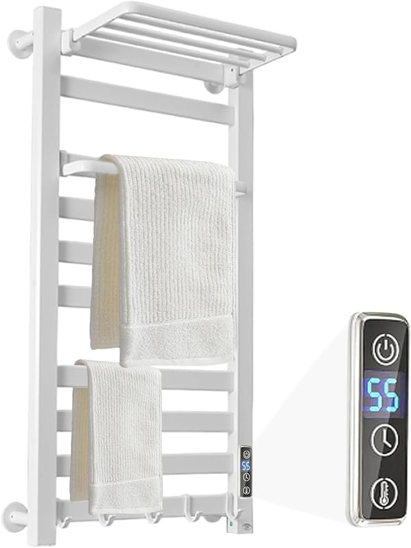 Toallero calefactado con temporizador de estante y ajuste de temperatura de varios niveles | Toalleros de pared para baño|10 barras|Blanco|Ducha eléctrica Bañera de hidromasaje Spa