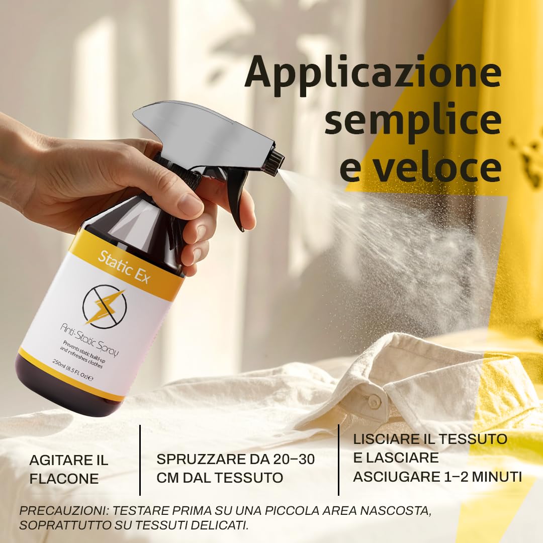 Spray Antistatico per Vestiti - 250ml - Elimina Elettricità Statica su Tessuti, Vestiti e Arredi - Formula Delicata e Inodore, Protegge e Rinfresca i Tessuti - Perfetto per Uso Quotidiano