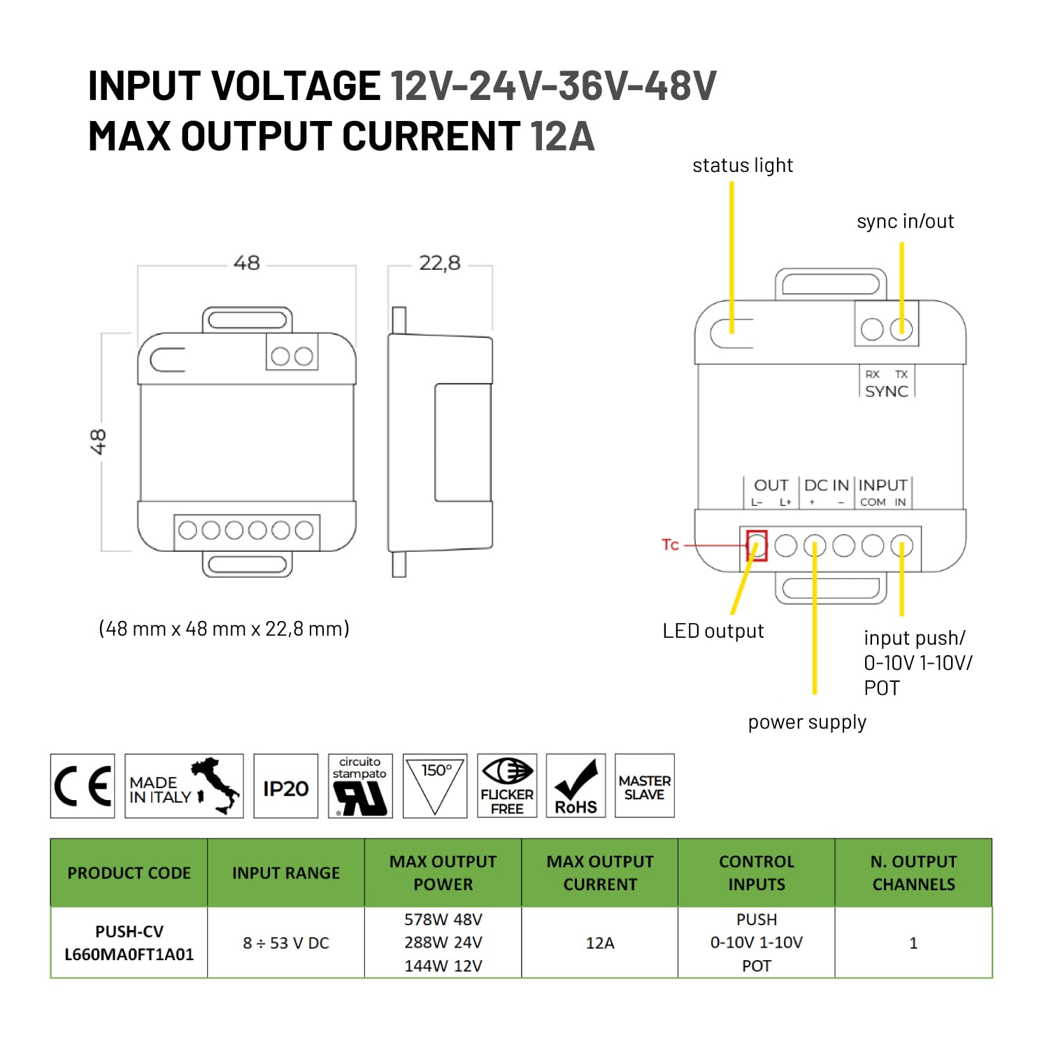 AstraLED - Dimmer Led 12V 24V 36V 48V 12A Pulsante. Controller per Striscia Led Monocolore No Flicker Compatibile con Sistema 0-10/1-10. Newlab PUSH-CV L660MA0FT1A01