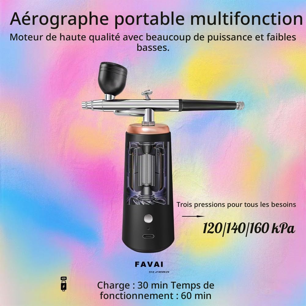 FAVAI Kit Aérographe Sans Fil avec Compresseur d'Air - Trois Pressions 120/140/160 kpa - NOIR 2.0 NOUVEAU