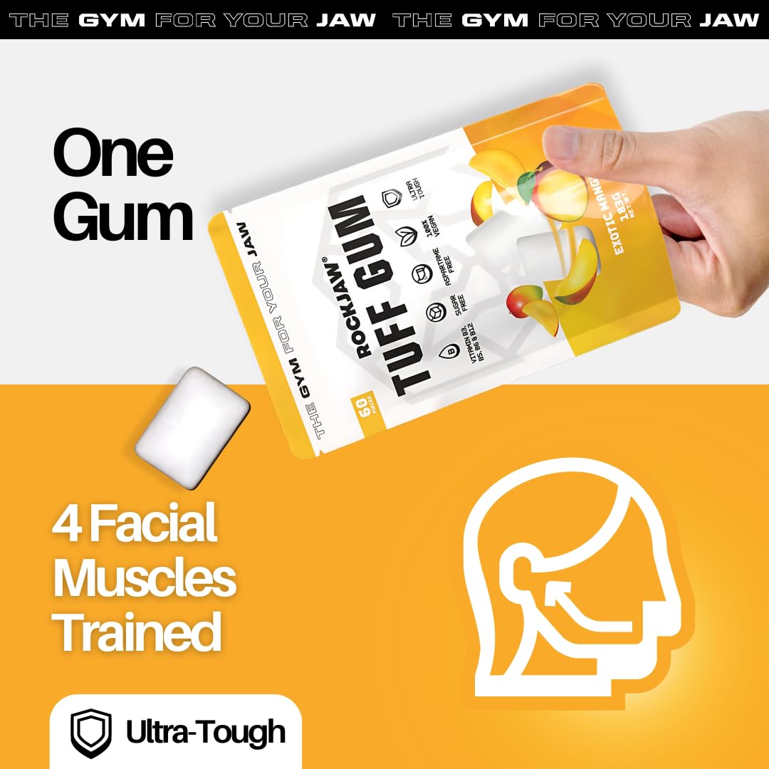 ROCKJAW® Jawline Gum Tuff Gum 2.0 complexe de vitamines B sans aspartame sans sucre xylitol 2 mois d'approvisionnement mangue exotique