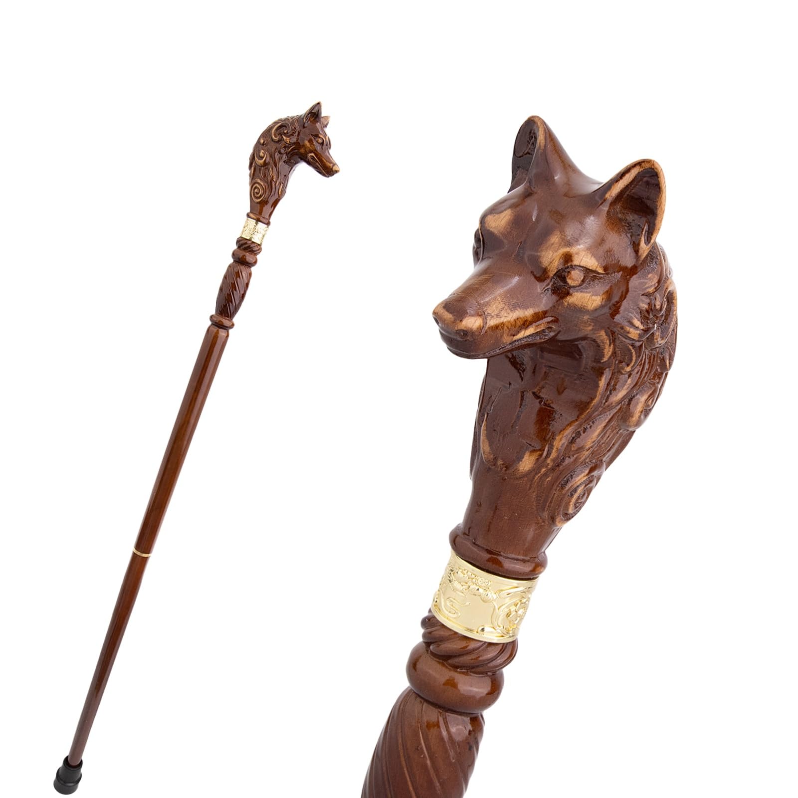 Handgeschnitzter Gehstock Aus Holz Mit Wolfskopf, Ergonomischem Griff und Gummispitze für Damen und Herren – Modischer, Einzigartiger Gehstock für Senioren – 95 cm