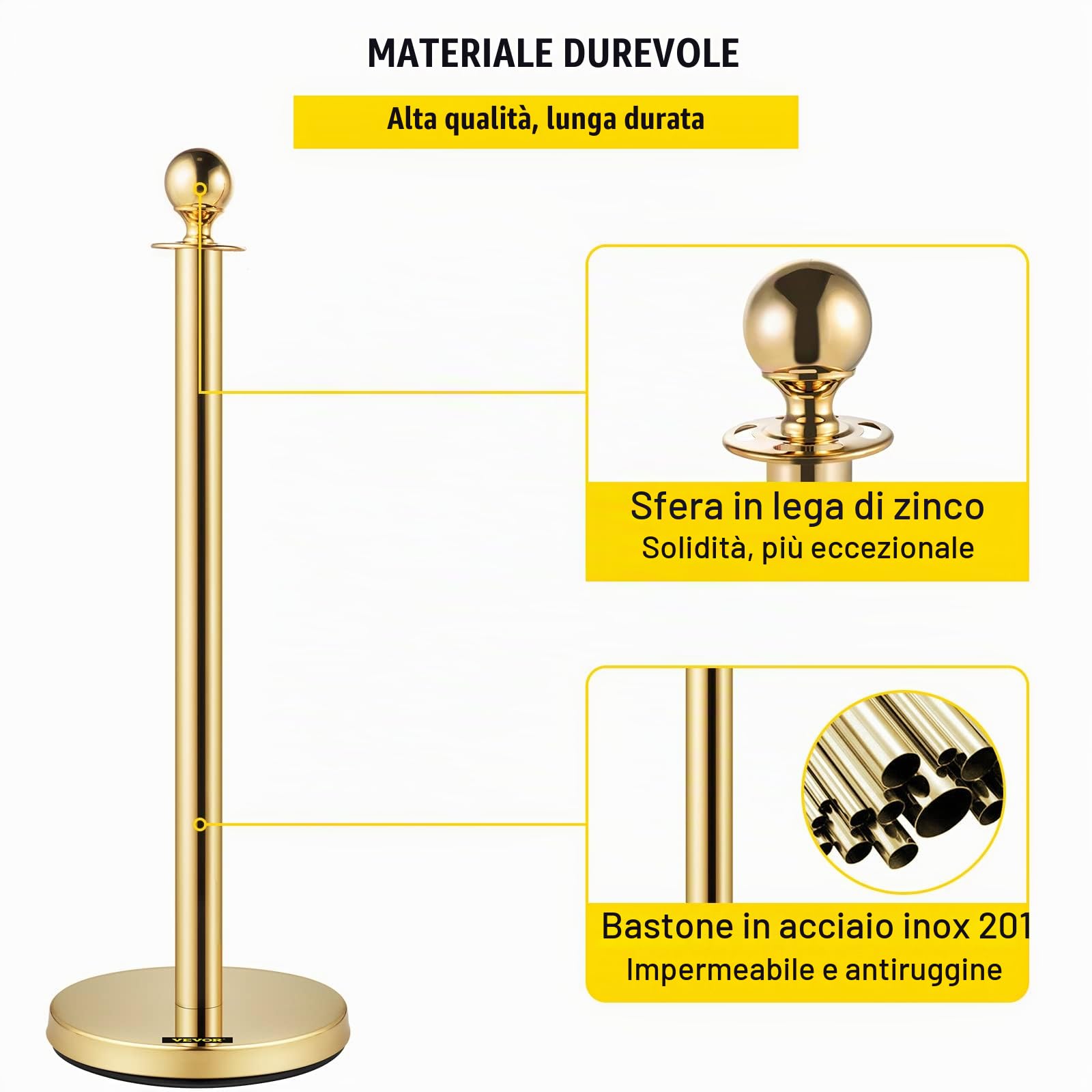 VEVOR Paletto di Controllo della Folla con Corda di Velluto, Paletto di Controllo della Folla in Acciaio Inossidabile, 4 Corde di Velluto Rosso 1,5 m con Parte Superiore a Sfera per Eventi, 6 Pezzi