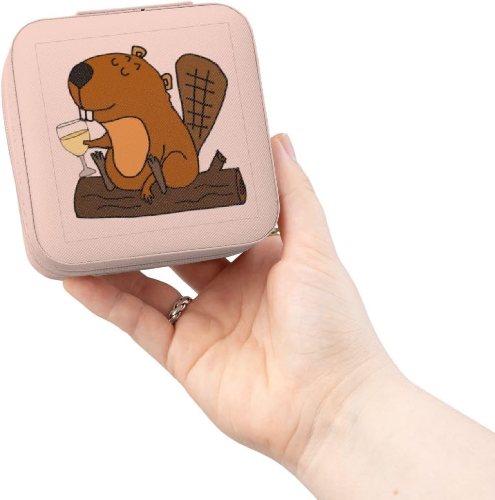 3dRose Cool Funny Beaver Drinking White Wine Cartoon Jewelry Travel Case Pink