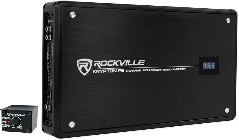 Krypton F5 3200W 5-Channel Car Amplifier, 15.35” x 8.66" x 2.2", Dyno-Certified RMS, Volt Meter, Bass Knob, Clip Indicator, Class AB+D for Car Audio and Subs | Digital Volt Meter, Metal Bass Knob, Clipping Indicator, Class AB/D, MOSFET Power Supply, 12dB Bass EQ, Subsonic Filter