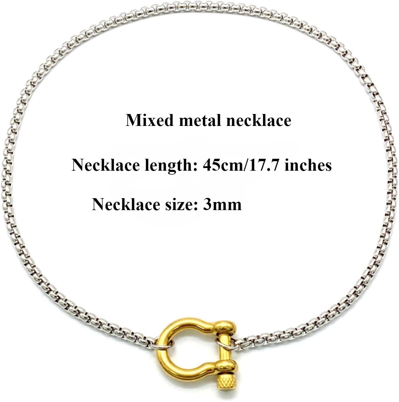 18K Gold Plated Buckle Necklace with Heavy Screw Anchor Shackle Wheat Chain Two Tone Carabiner 17.7 Inch Stainless Steel Foxtail Chain - Image 5