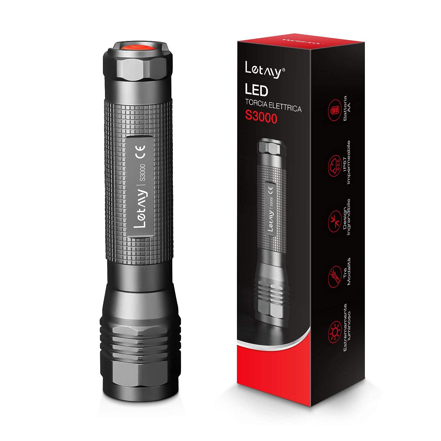 LETMY Torcia Led Potente S3000, Torcia Militare 3000 Lumen Super Luminosa ad Alta Potenza con Funzione Impermeabile 3 modalità, Utilizzata per il Campeggio, le escursioni all'aperto e le emergenze