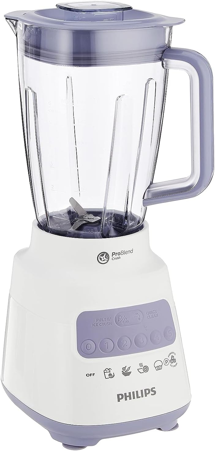 Philips Plastic Jar Blender - 700W, 2L, 5 Speeds + Pulse, Comes with a Spatula + Mill, Lavender/White - HR2221/01