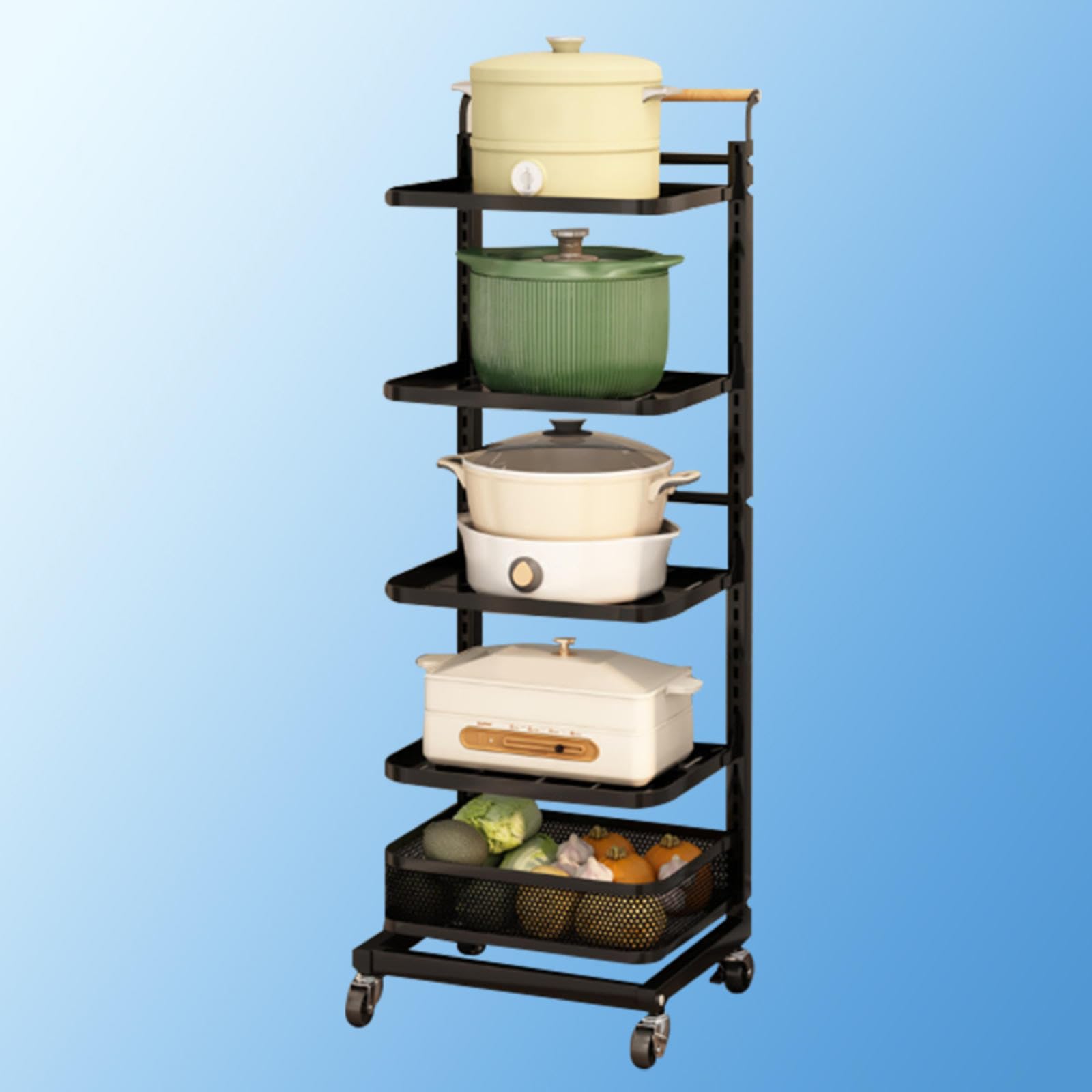 Soporte para ollas y sartenes de cocina con diseño expandible, color negro, 5 tablas, 4 ganchos y 1 cesta para tapa de armario, solución de almacenamiento