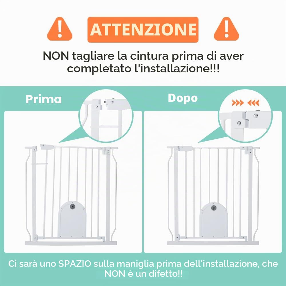 COMOMY Cancelletto per Bambini con Porta per Gatti Regolabile, Cancelletto per Gatti In Extra Largo da 75 a 123cm, Cancelletto per Cani a Chiusura Automatica con Porta per Animali (Alto 76cm, Bianco)