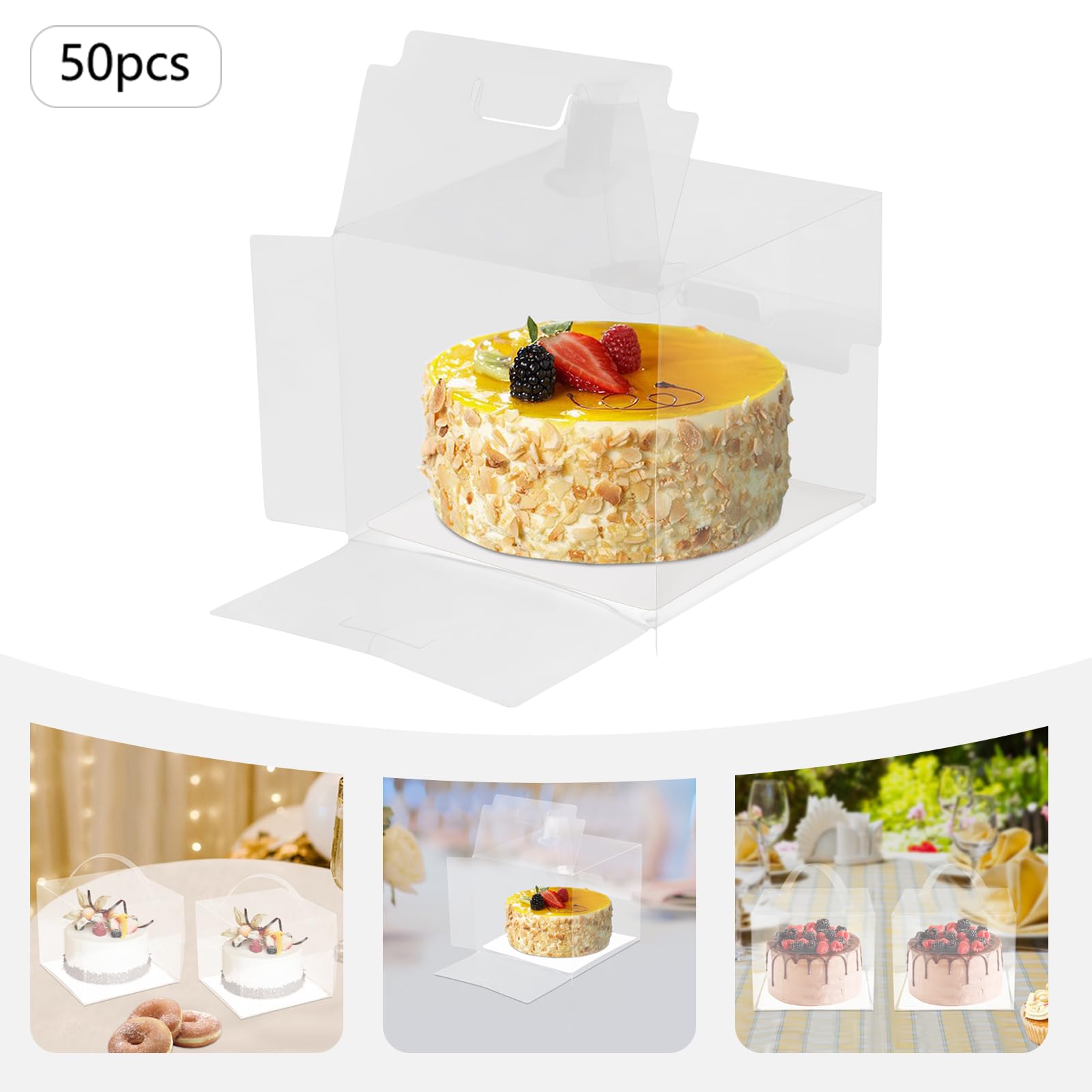 NAIXING Clear Cake Boxes, Disposable Cake Boxes, Food-grade, Sturdy Protection, PET Material, Perfect for Bakeries, Parties, and Special Occasions, 50-Pack Set
