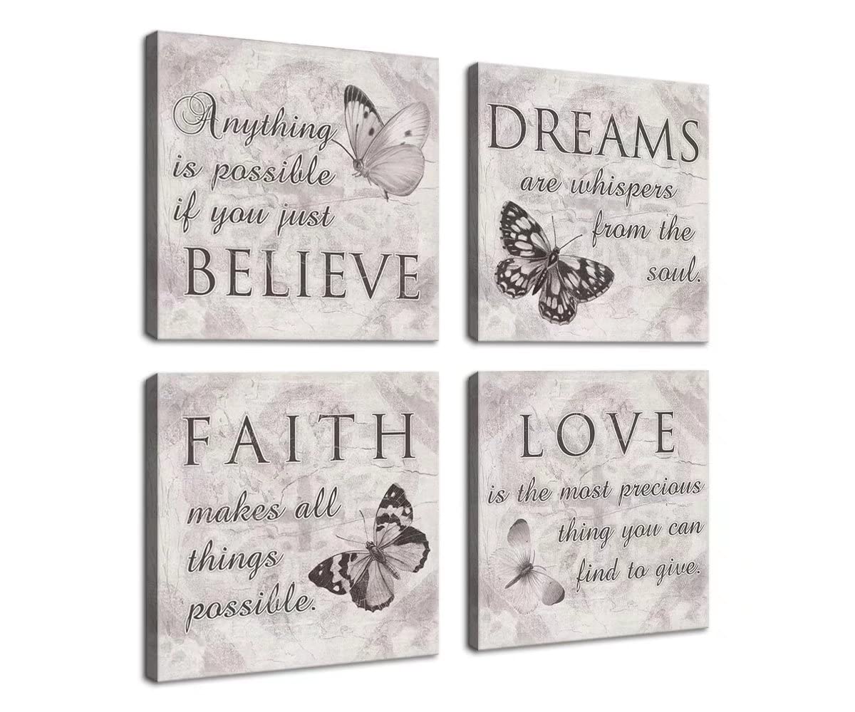 Black and White Butterfly Family Inspirational Wall Art Canvas Decor Quotes Belive Dream Faith Love Living Room Wall Decor Posters Pictures Giclee Print Artwork Framed Ready to Hang(16''W x 16''H x 4)